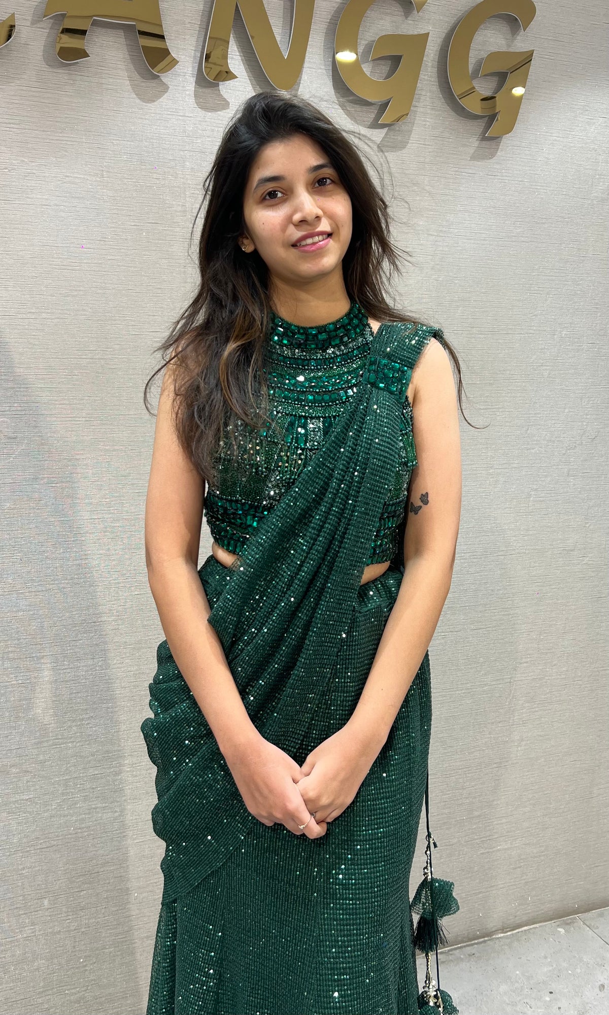 Green Glamour Pre-Draped Saree with halter blouse