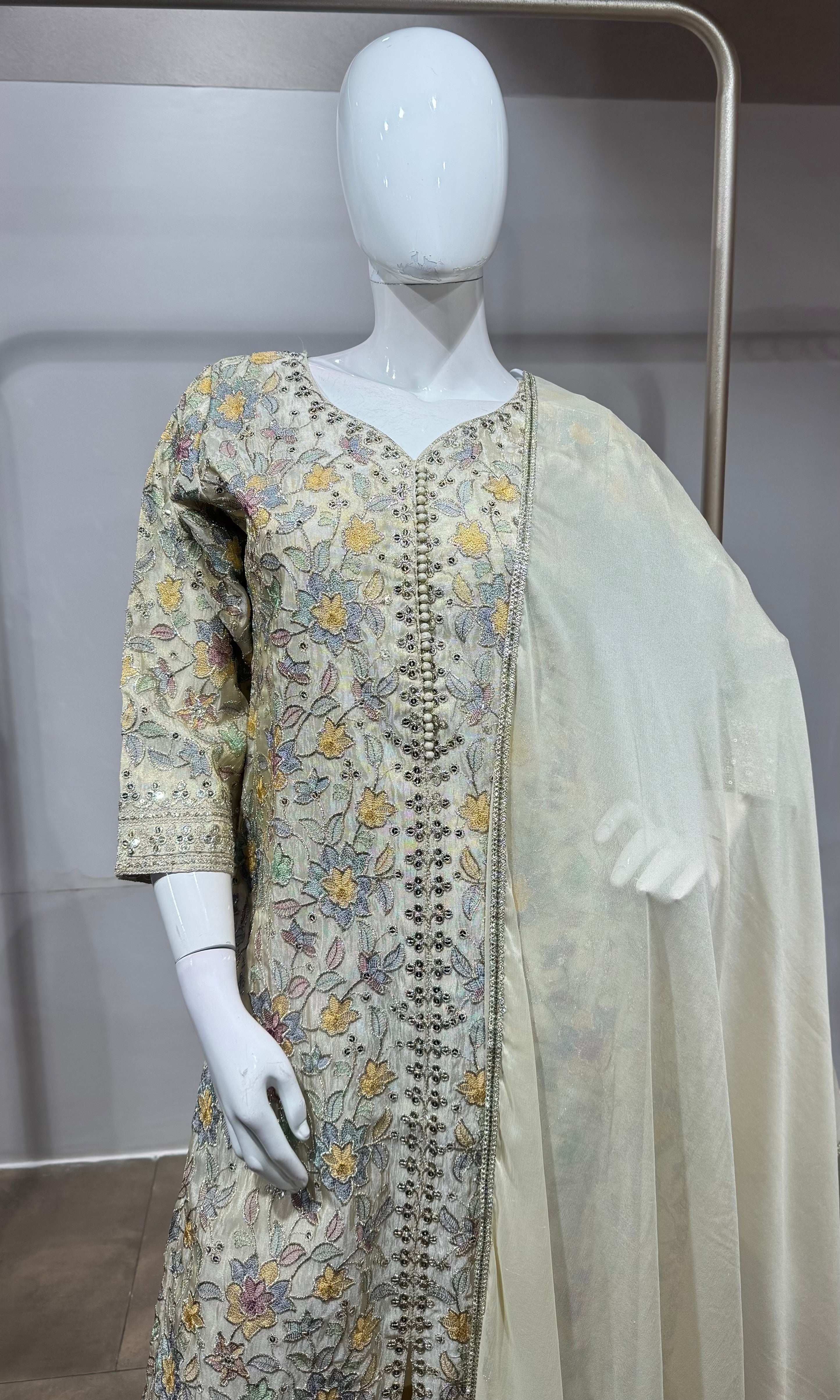 Cream Embroidered Kurta Set with Dupatta
