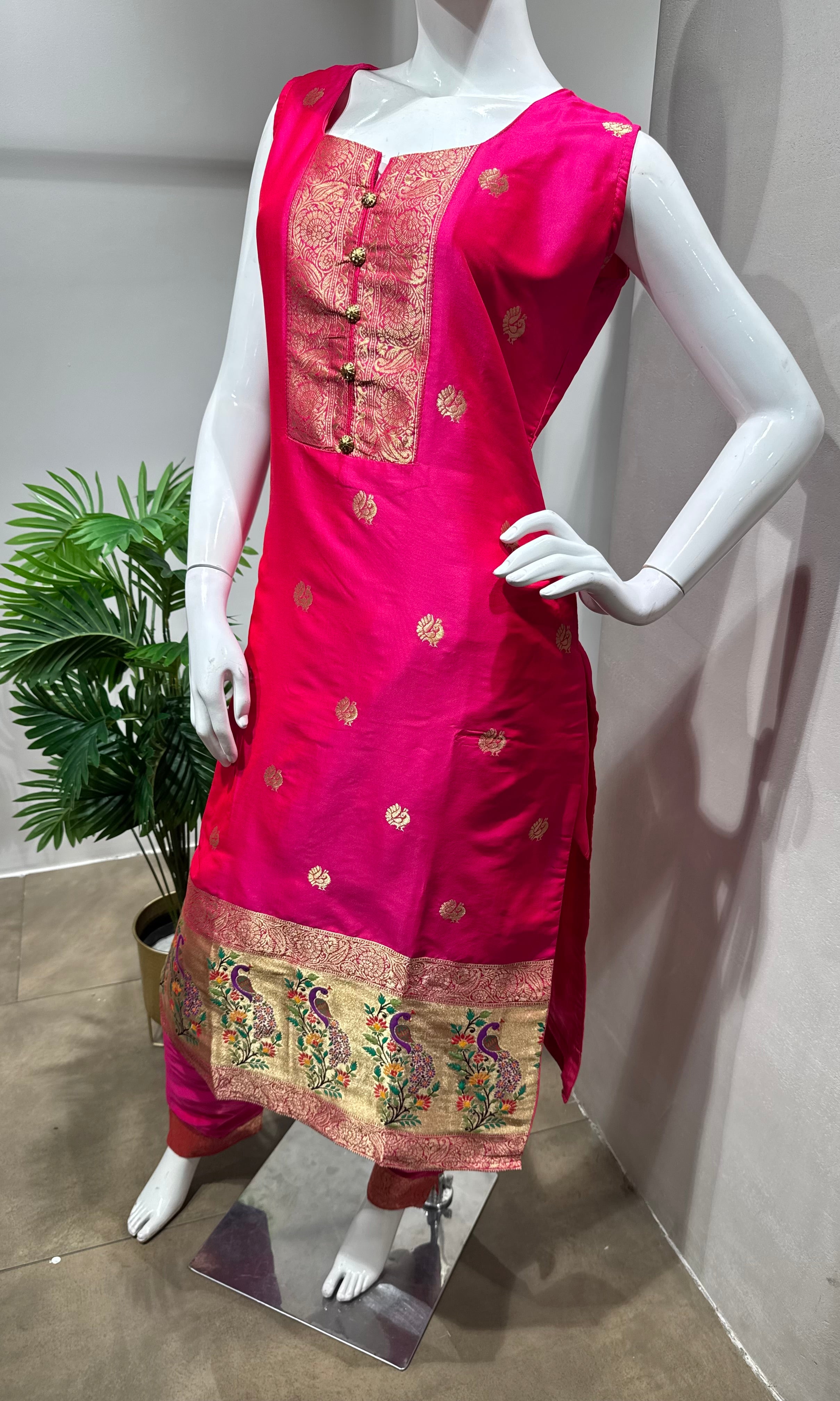 Rani Pink Banarasi Silk Kurta Set