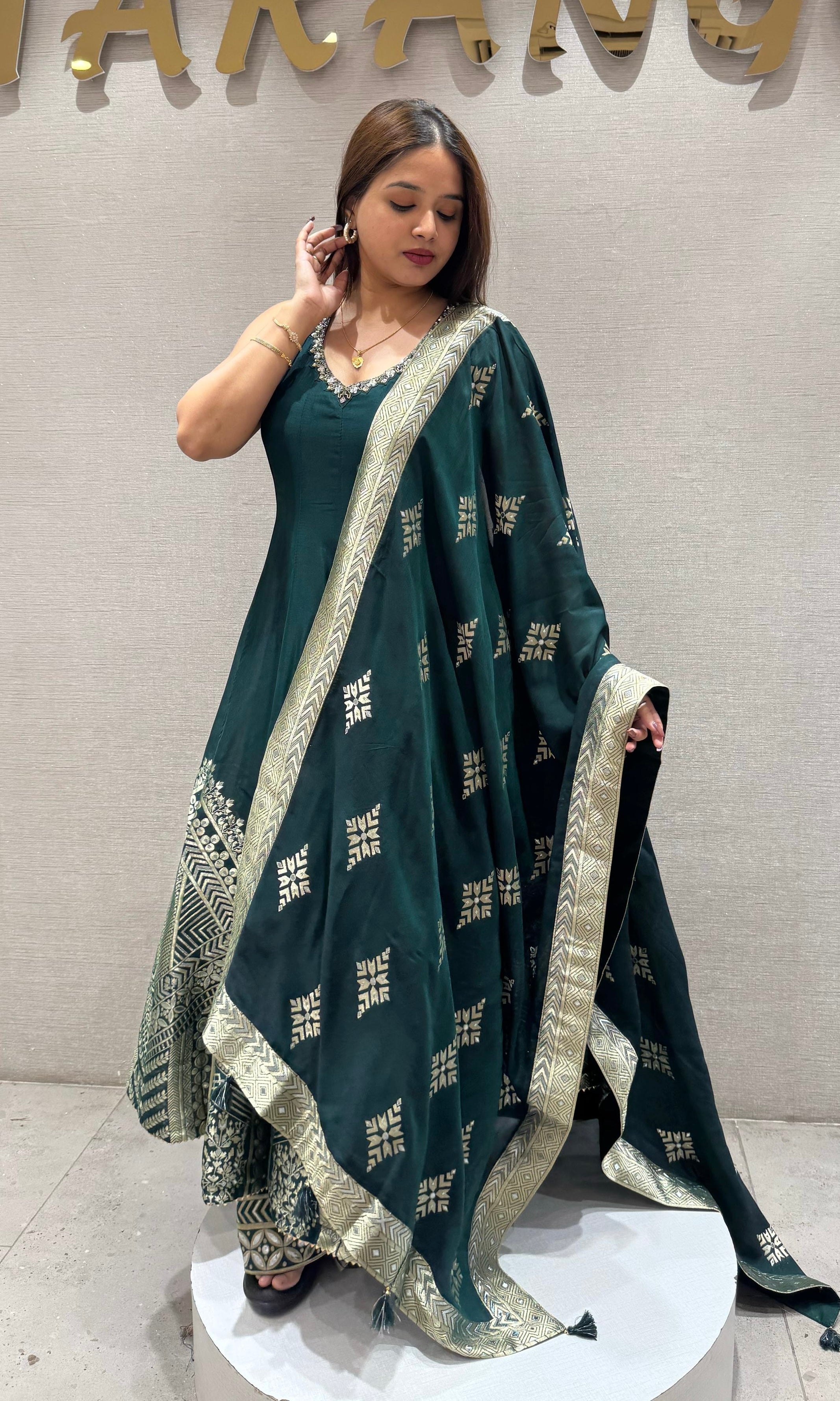 GREEN BANARASI ANARKALI WITH PALAZZO