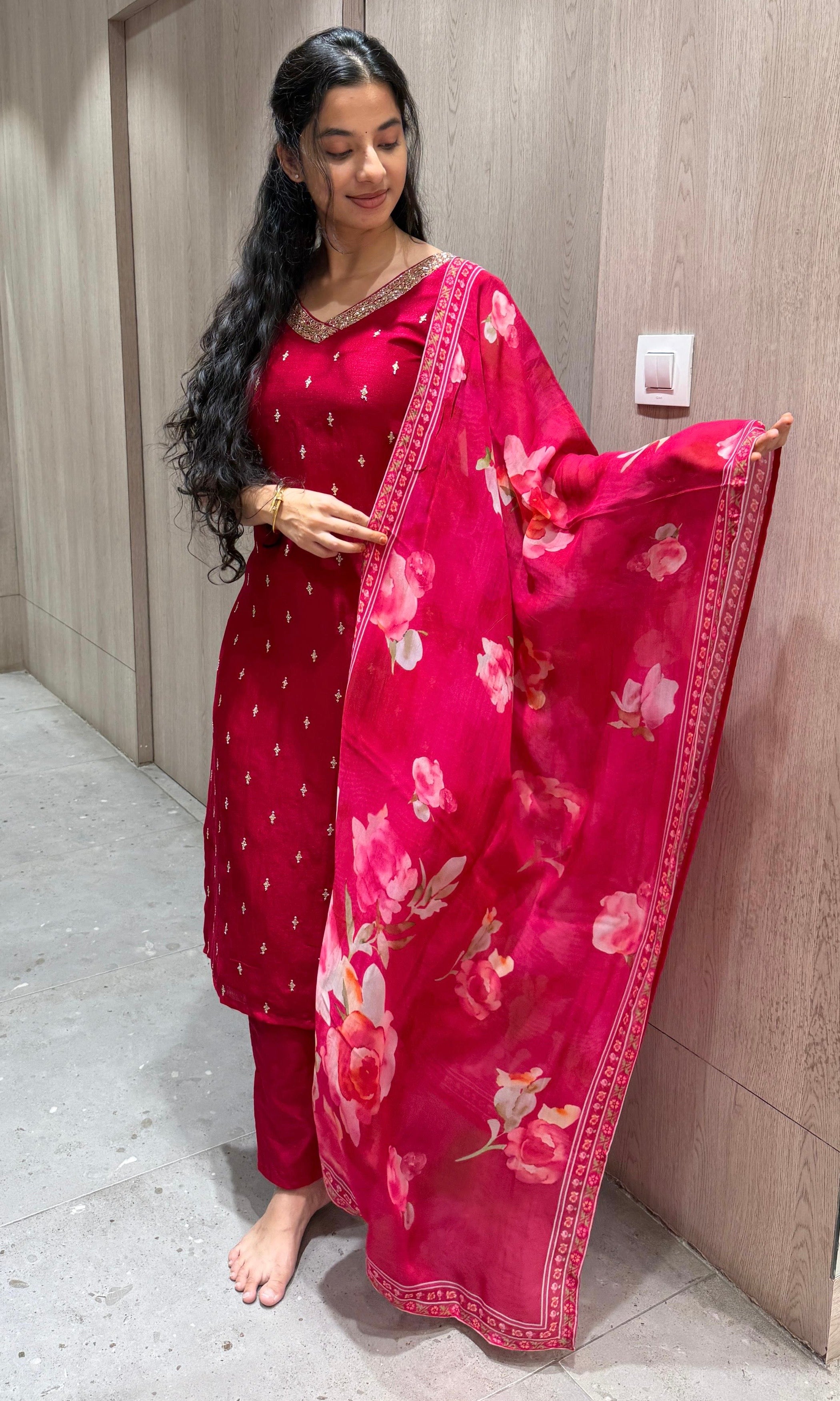 Pink Kurta Set WITH FLORAL DUPATTA