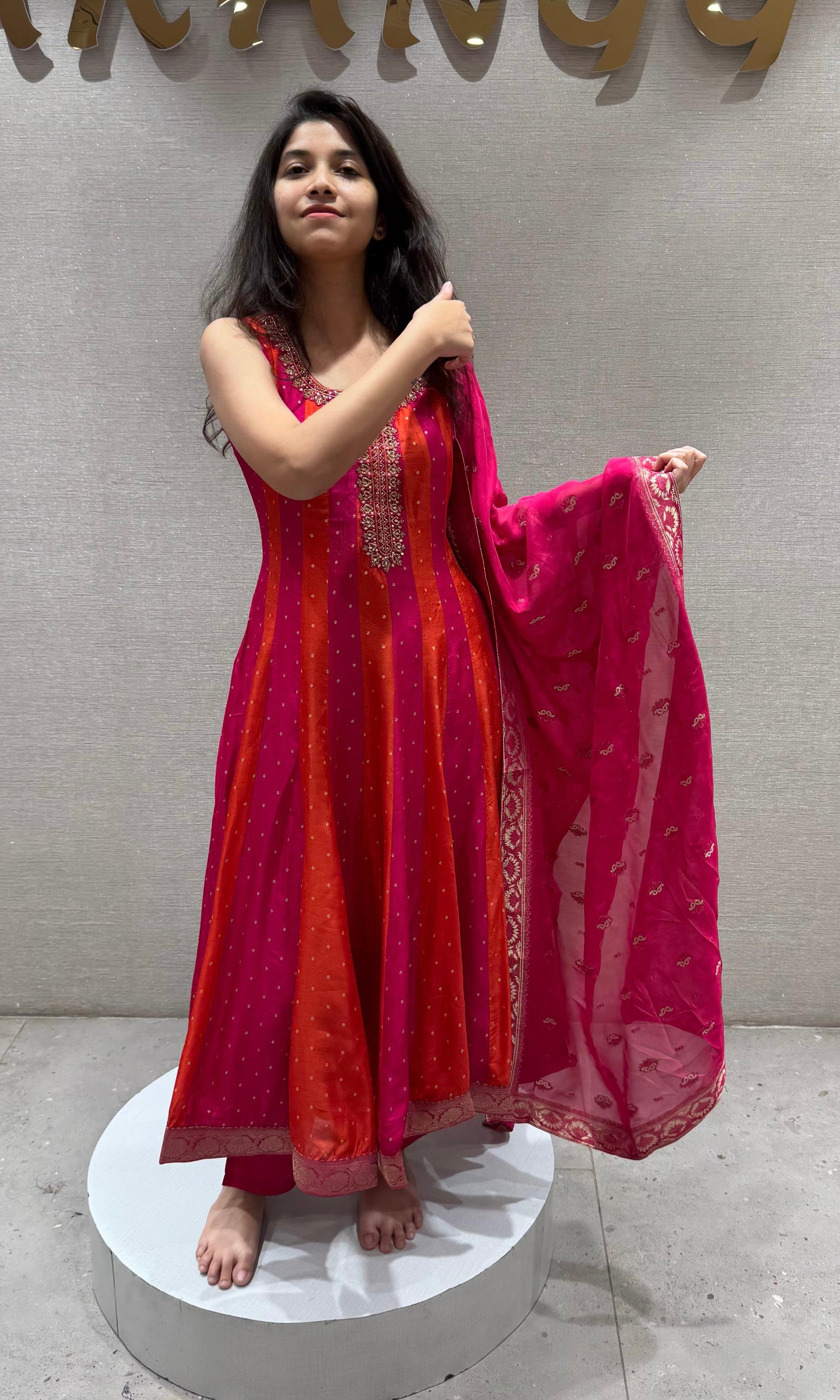 Rani Pink and Orange Stripe Anarkali