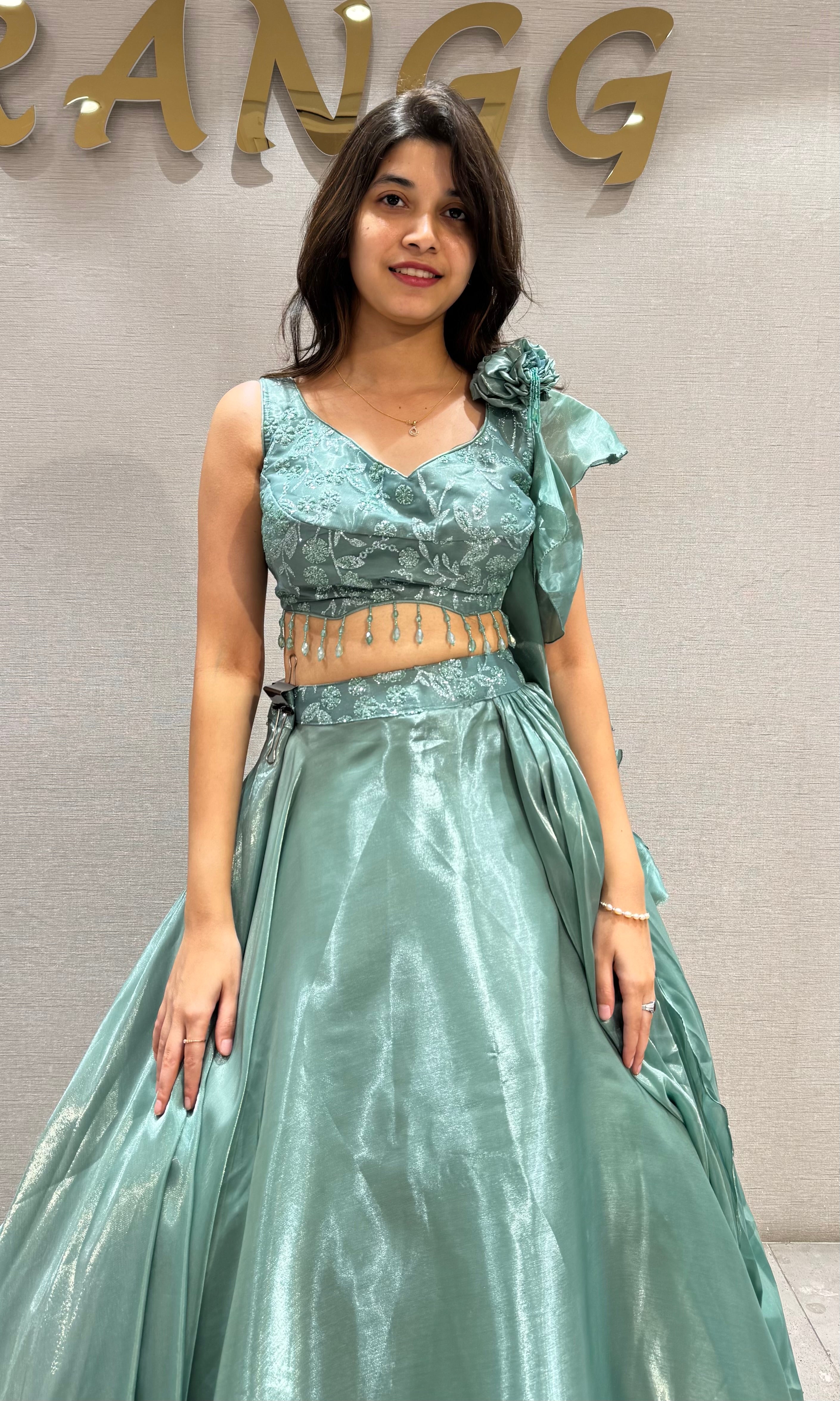 Sea Green Shimmering Organza Lehenga Set