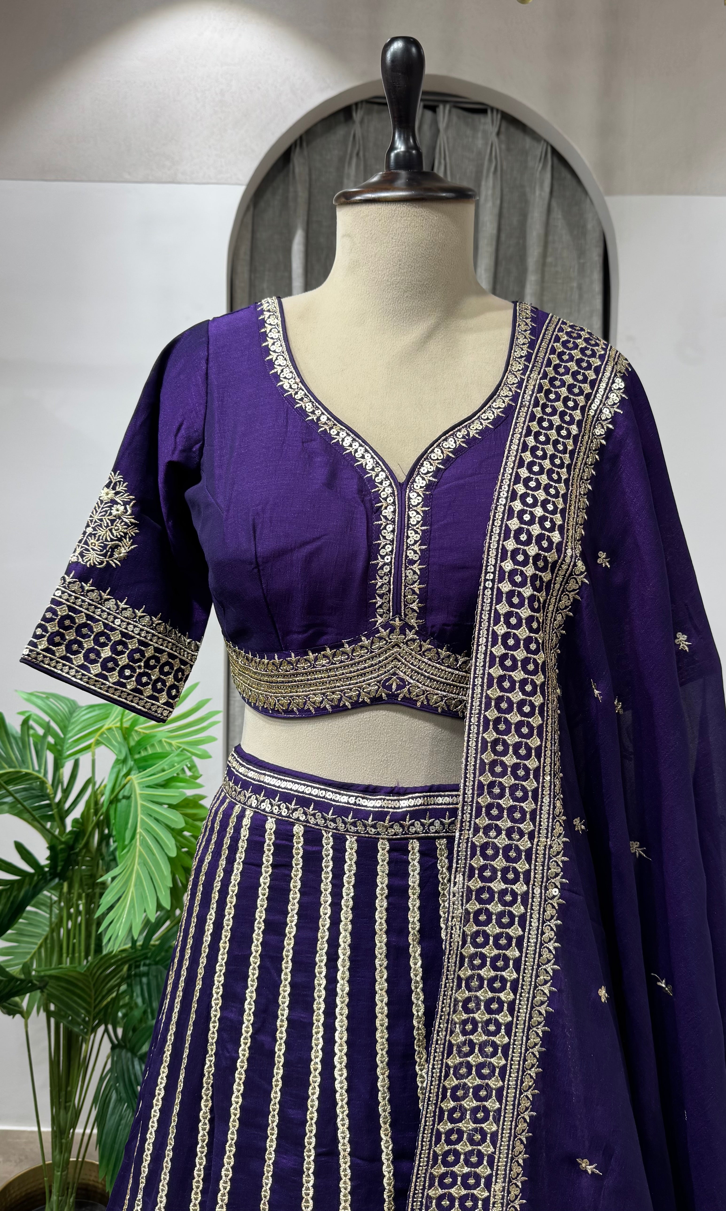 Purple Georgette Sequins Embroidery Lehenga