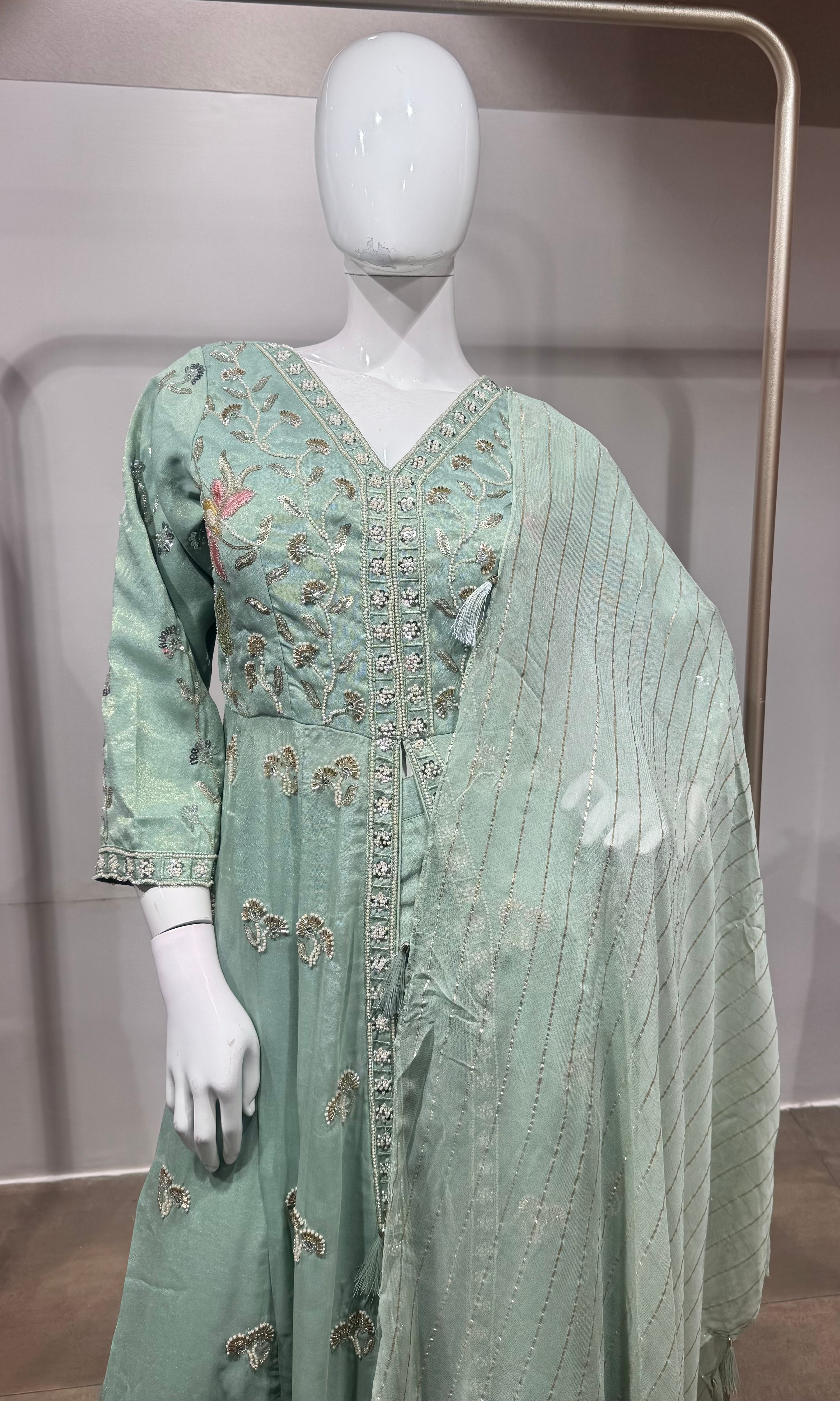Mint Green Floral Embroidered Anarkali Front slit Set