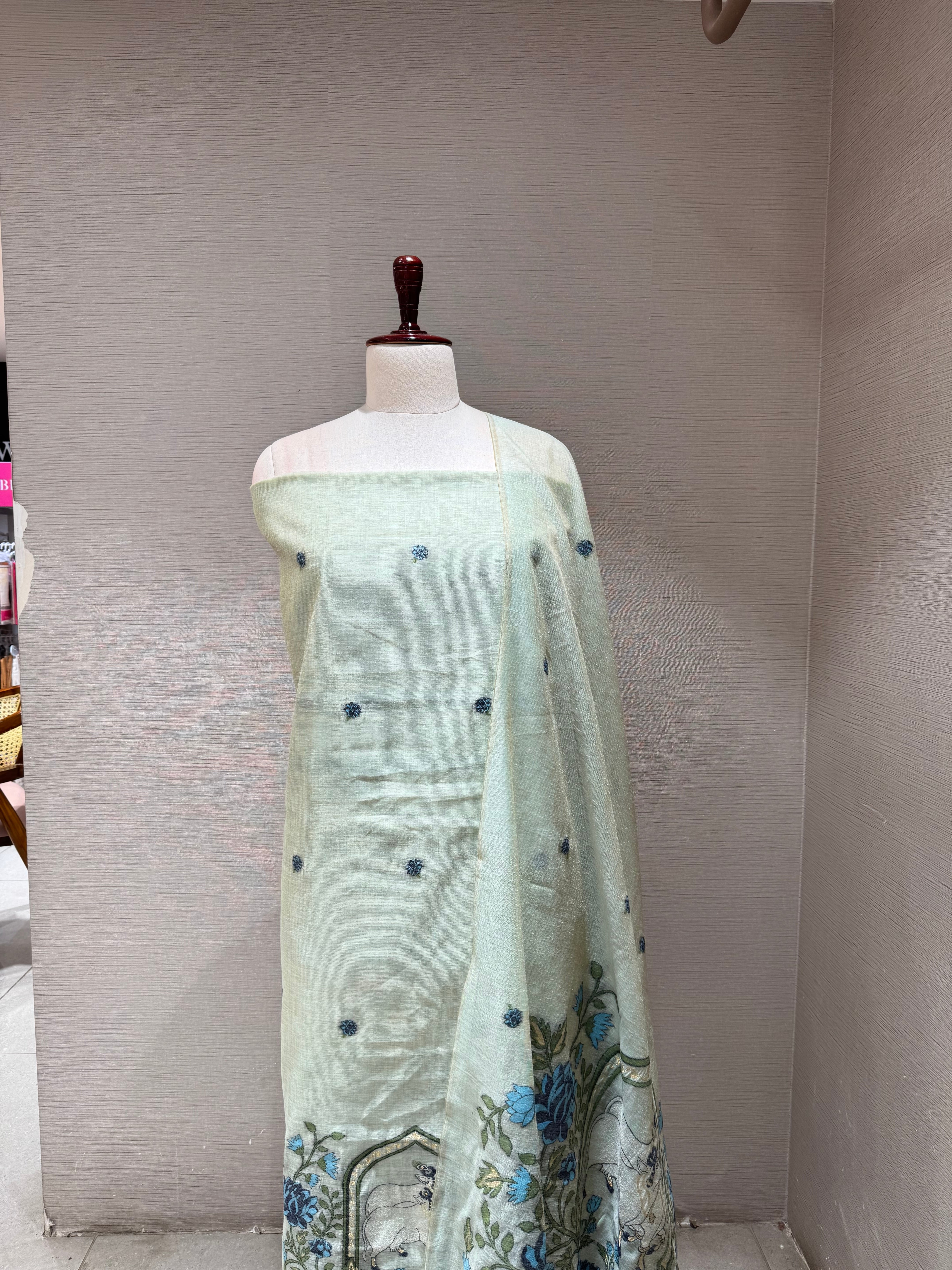 Mint Green with Blue Floral Embroidery dress material