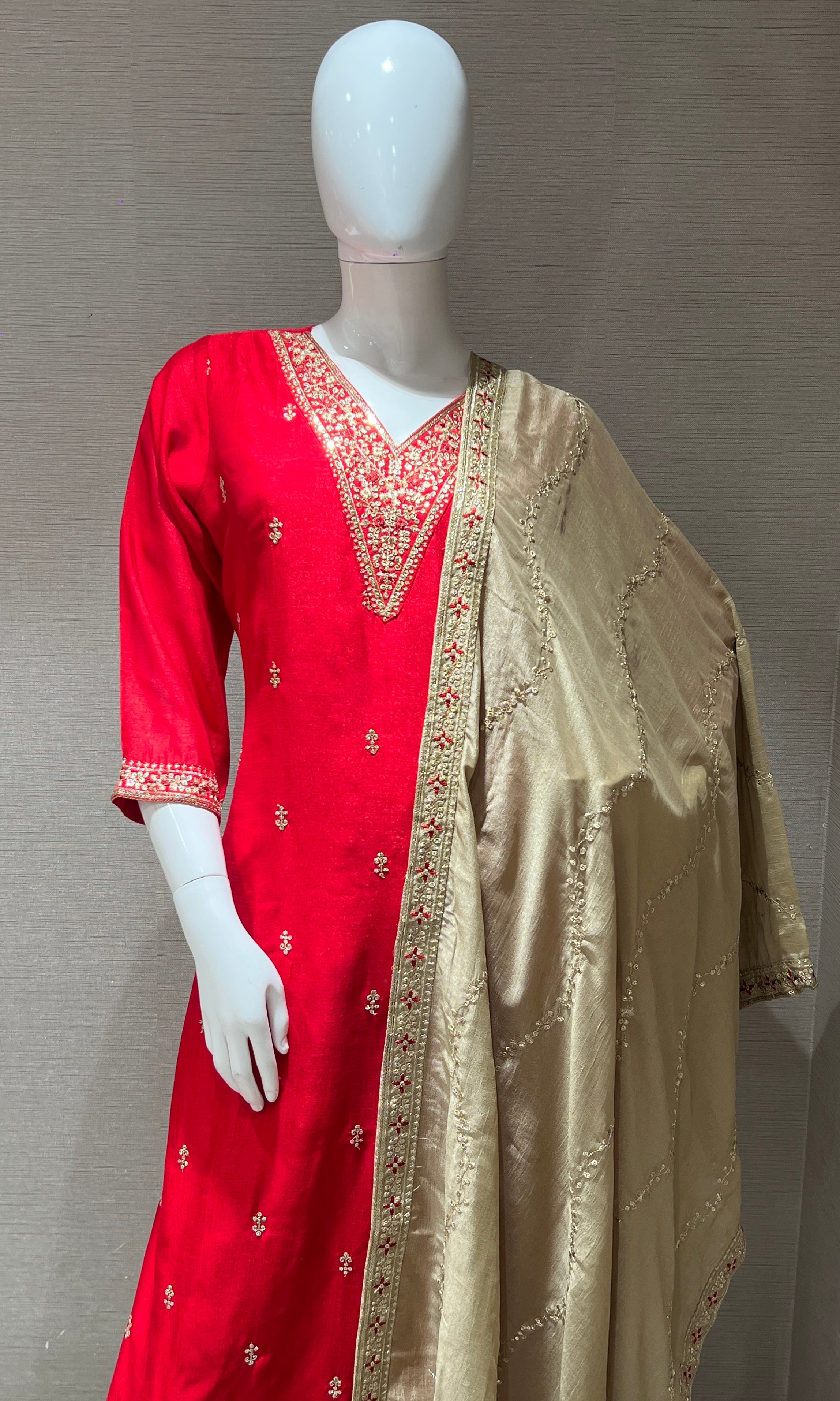 Red kurta set with contrast gold duppatta