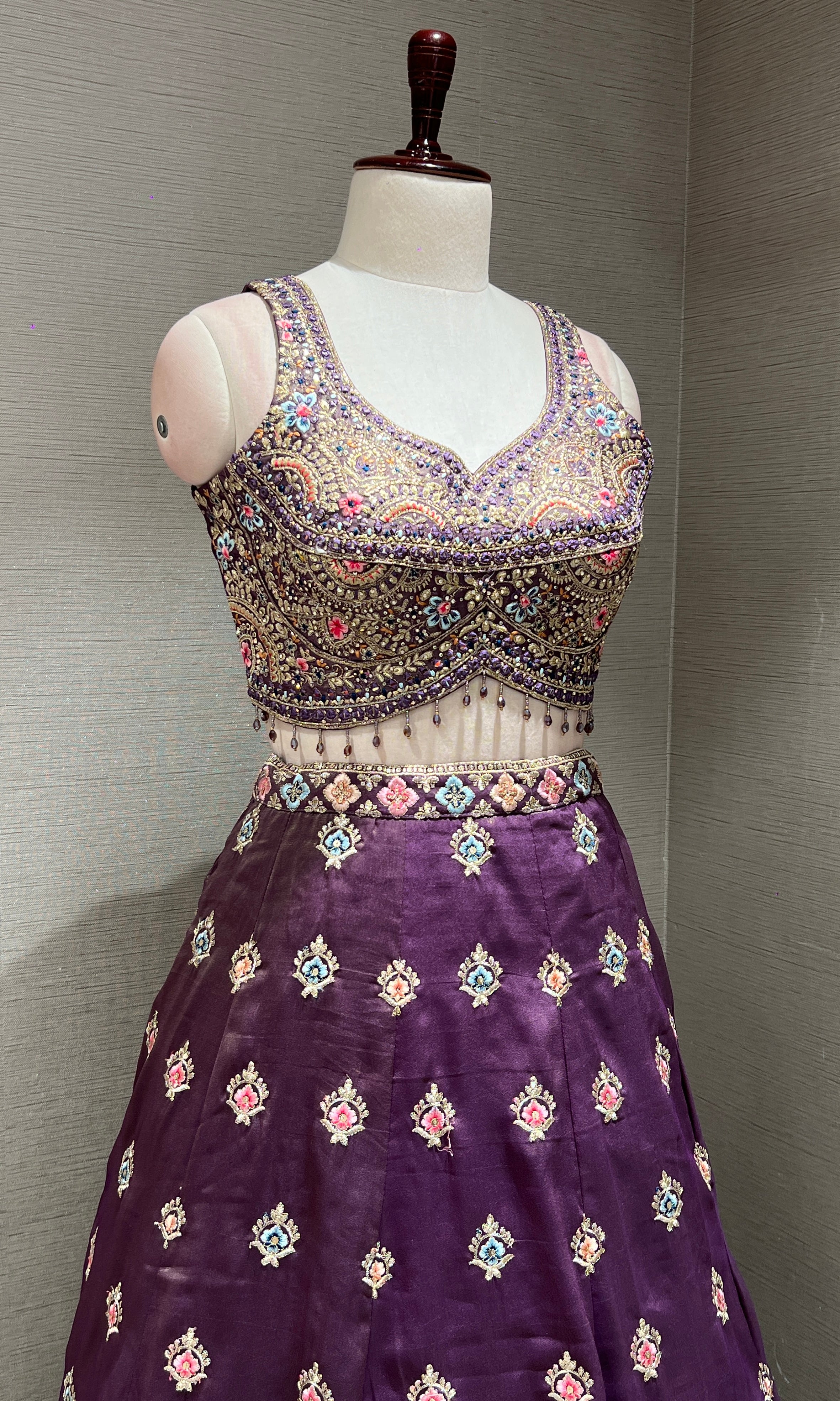 Lilac multicolour intricate embroidered Lehenga