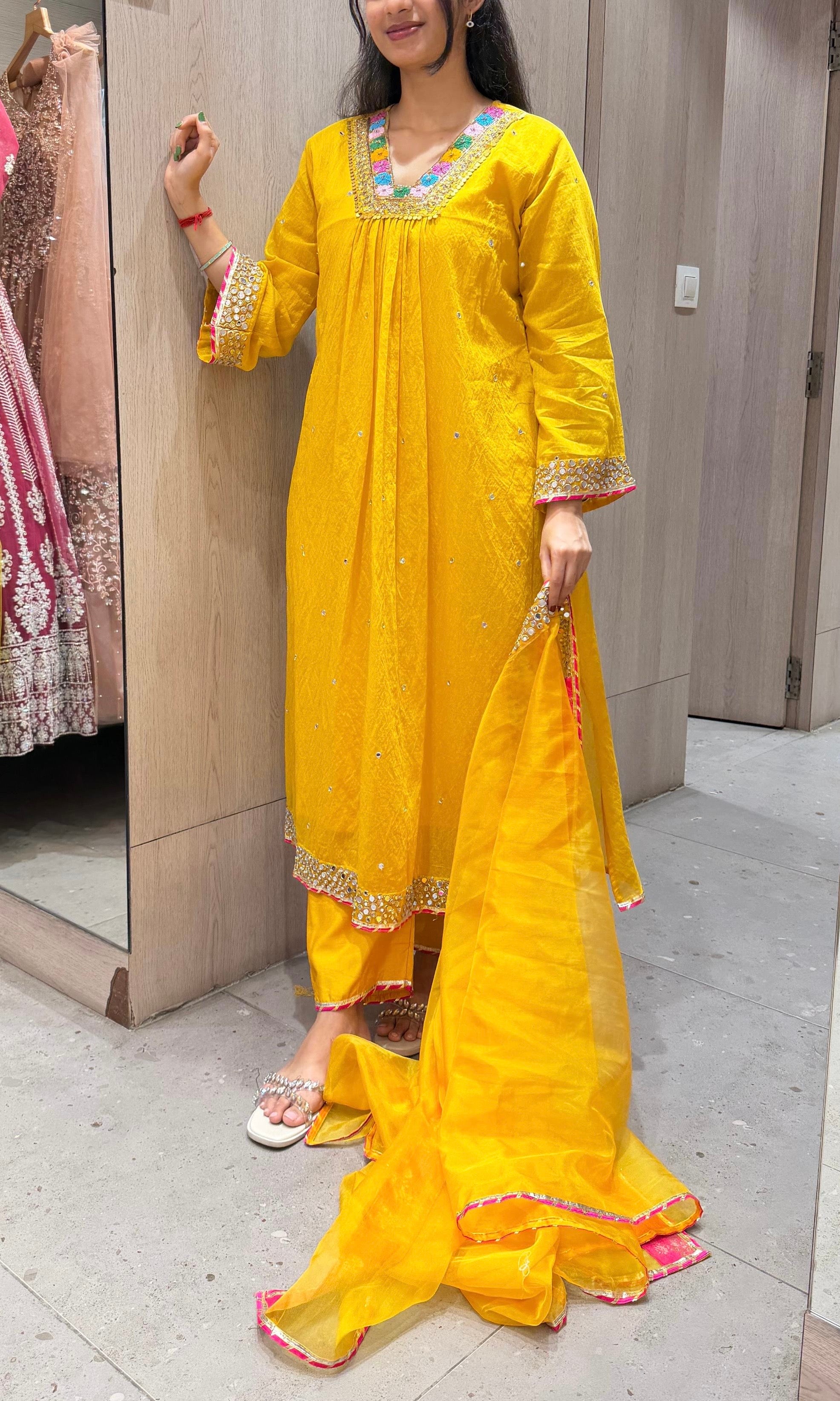 Yellow FLORAL NECK A LINE kurta set
