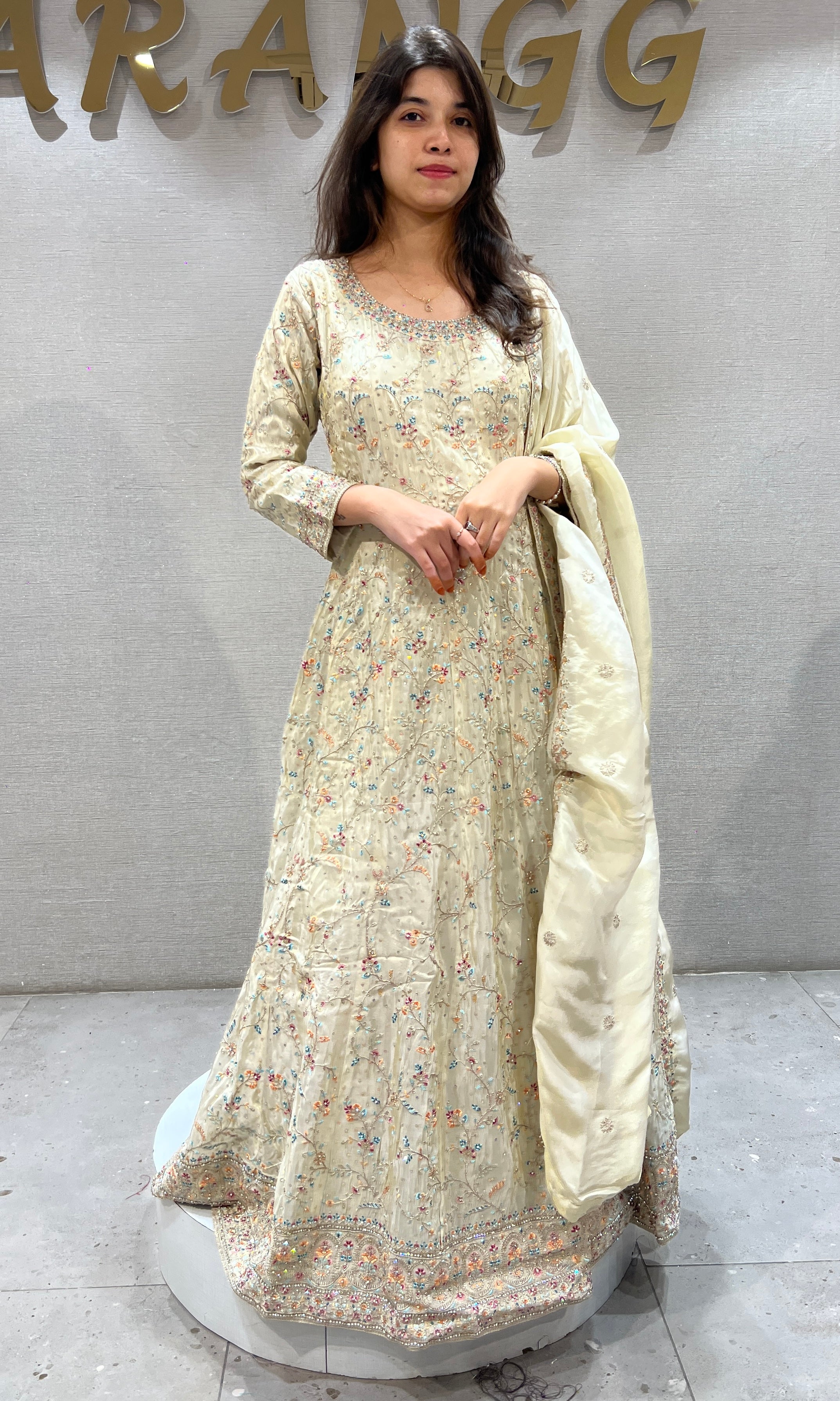 Cream Sequins and Beads Anarkali set with Dupatta