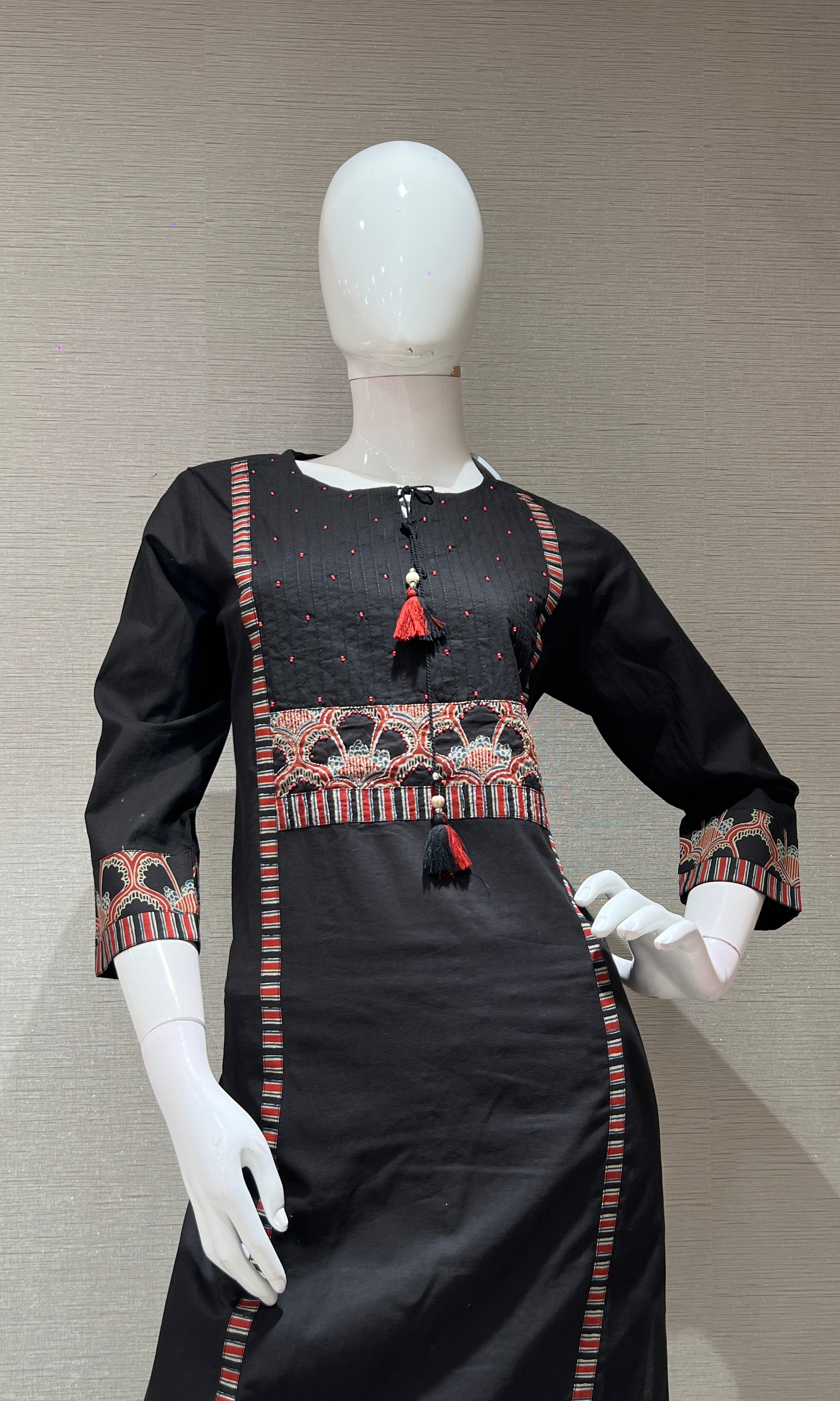 Black A LINE EMBROIDERED KURTA SET