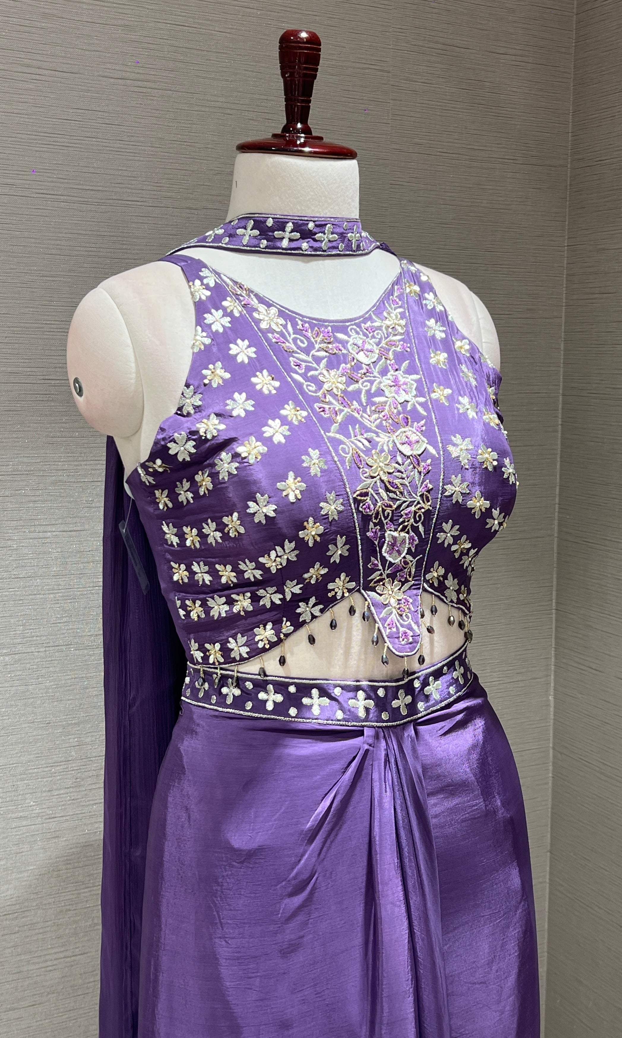 Purple draped halter neck indo western wear