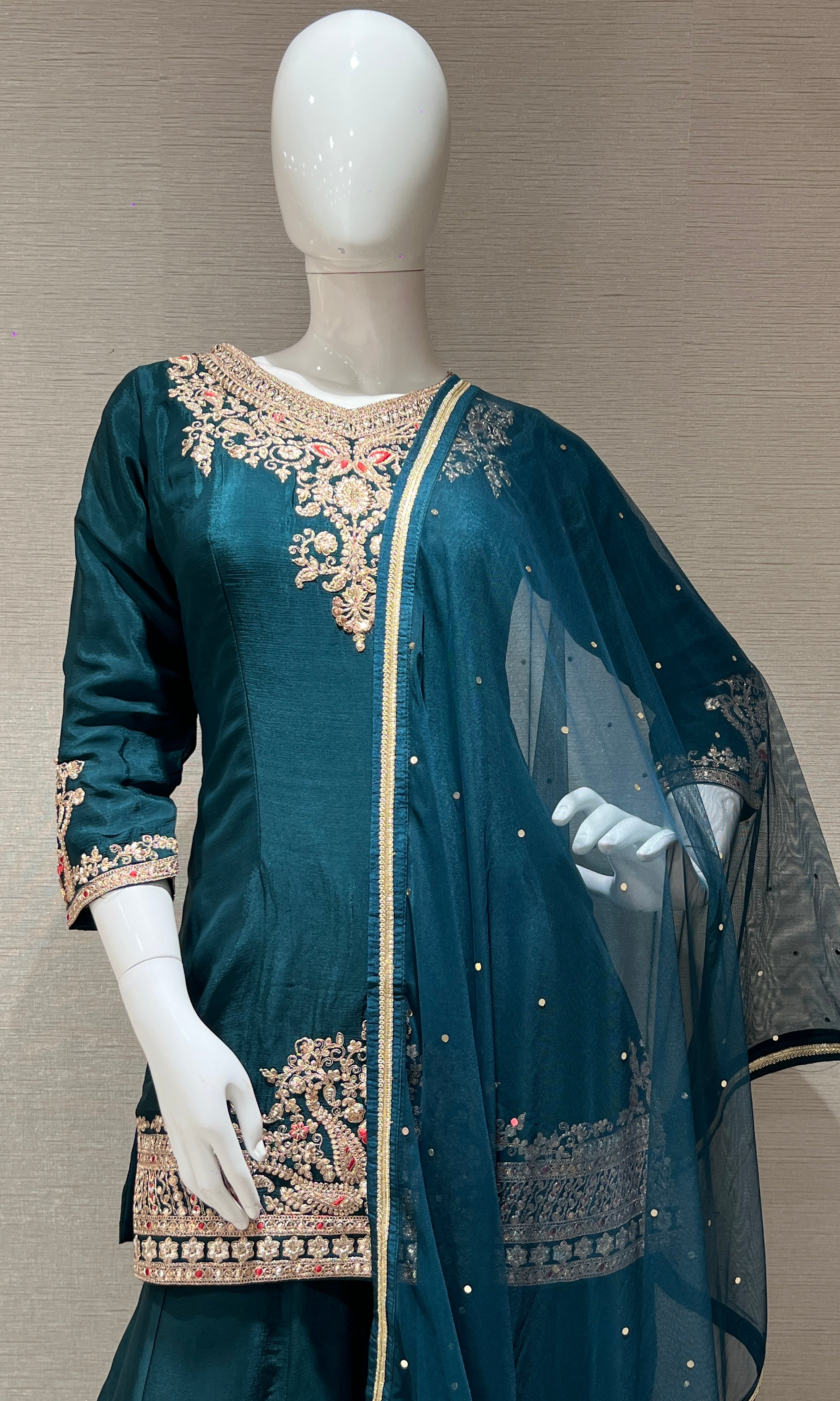 Bottle Green Embroidered Sharara Set with Net Dupatta