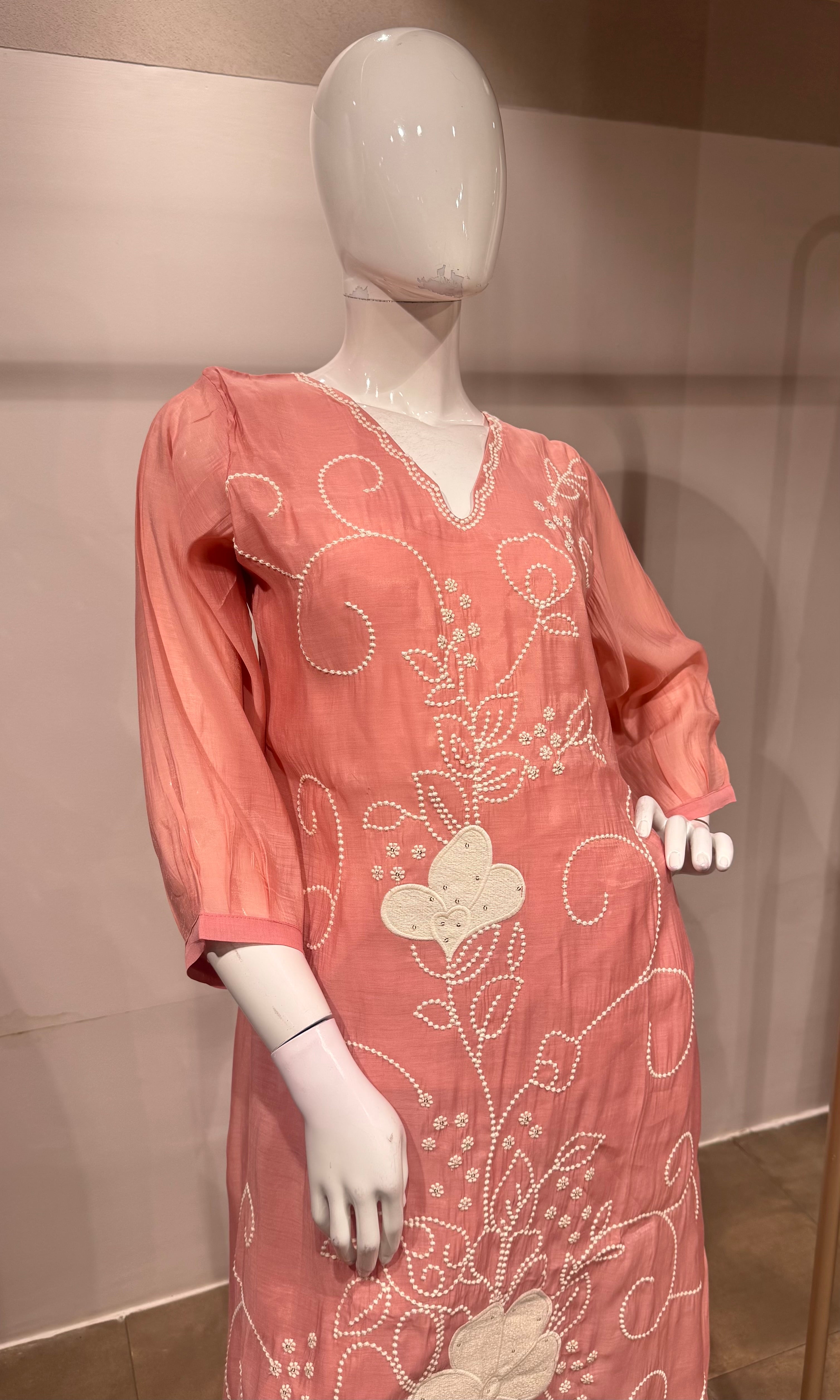 Baby Pink Cotton silk Floral Kurta set with dupatta