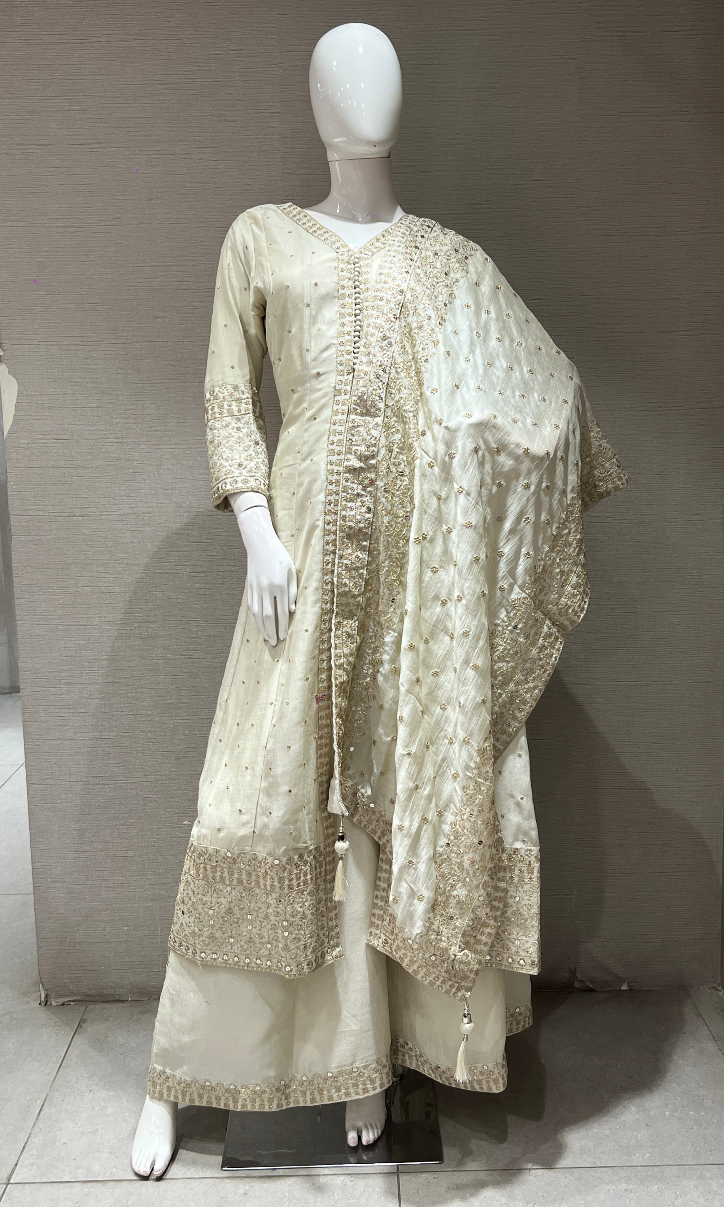 Cream embroidered front slit Anarkali