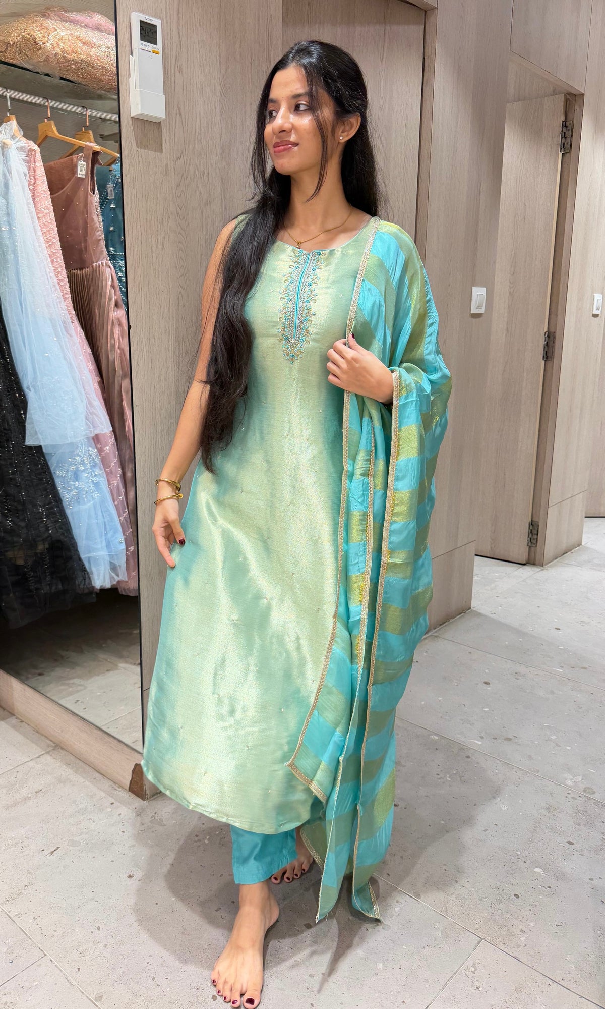 Sea Blue Banarasi silk Kurta Set with Patterned Dupatta