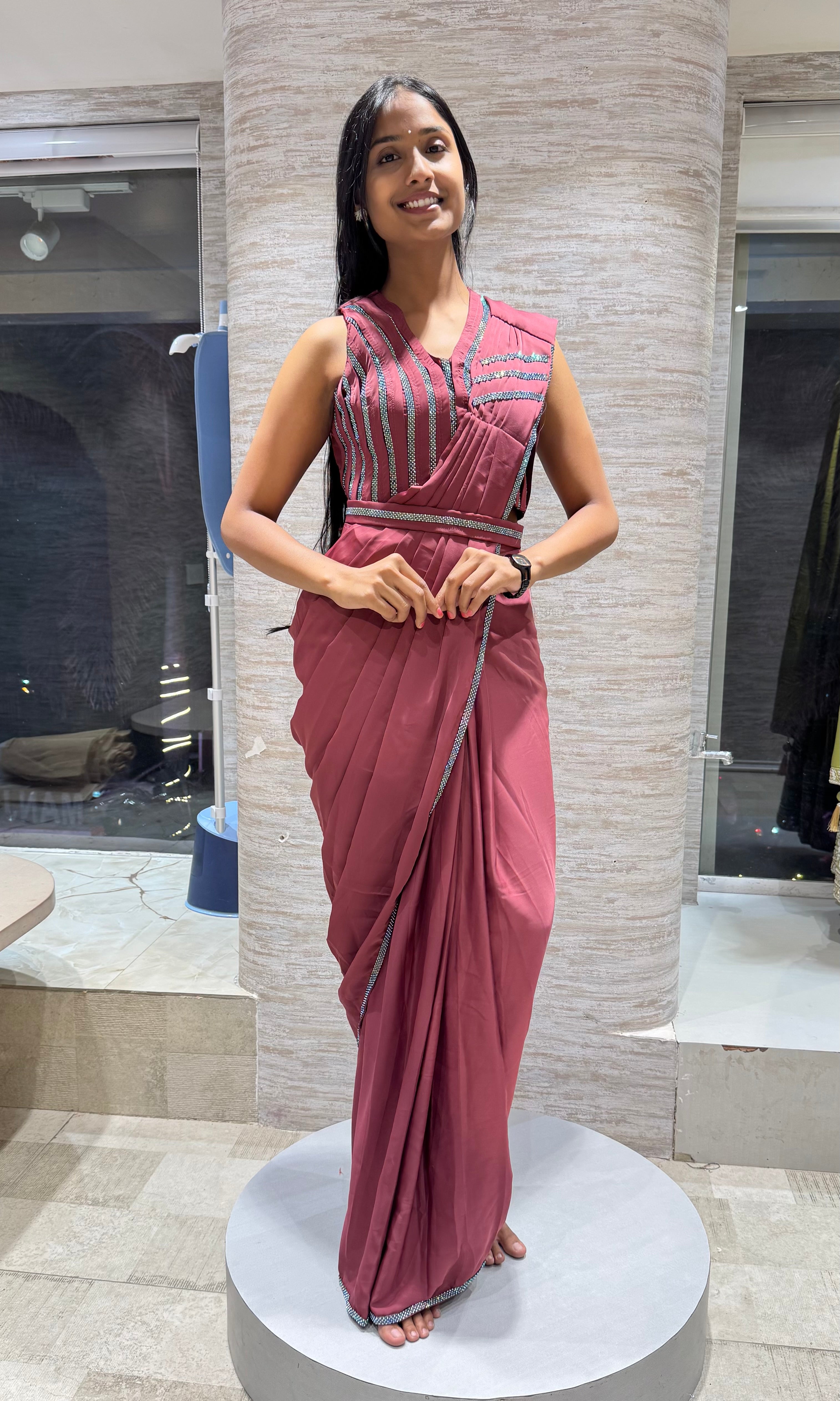 MAROON DRAPE SAREE WITH CORSET BLOUSE