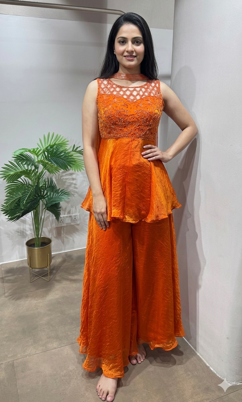 Orange Embellished Peplum Palazzo Set