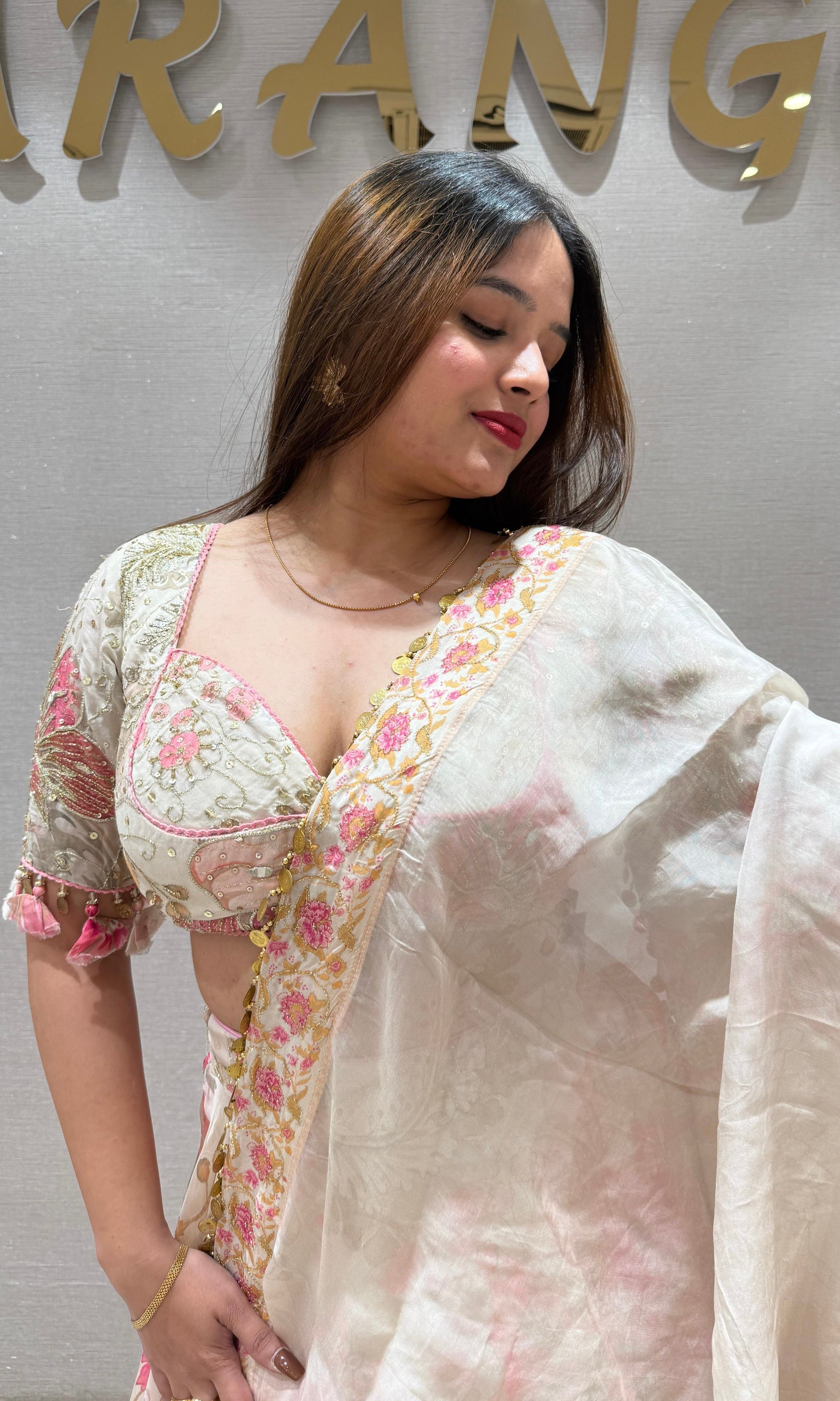 White and pink floral printed Lehenga