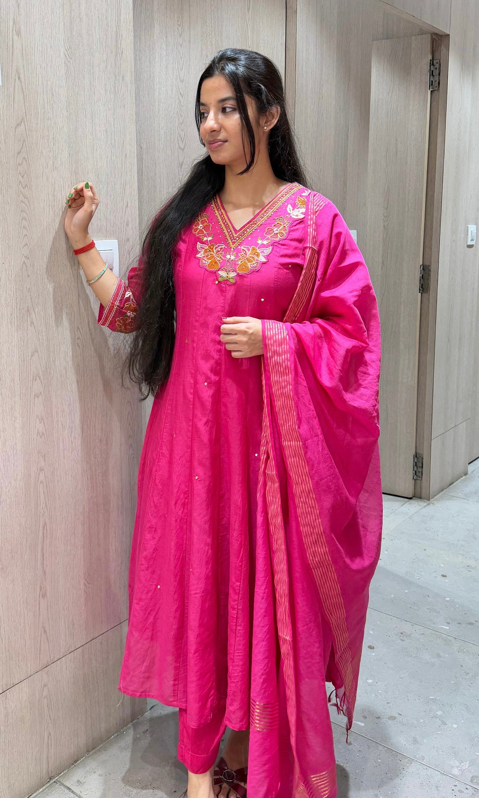 Pink FLORAL NECK LINE EMBROIDERED ANARKALI