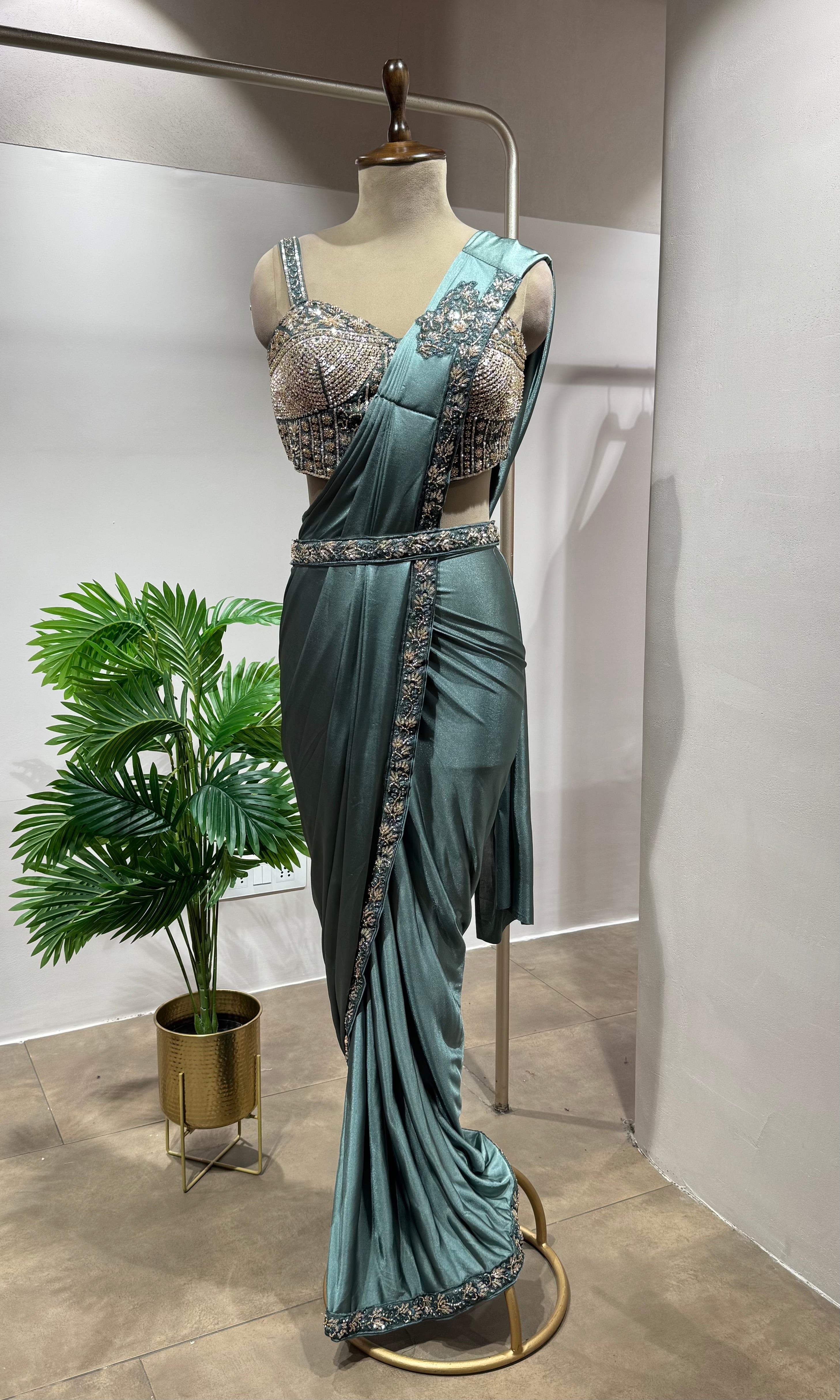sea green drape saree WITH CORSET BLOUSE