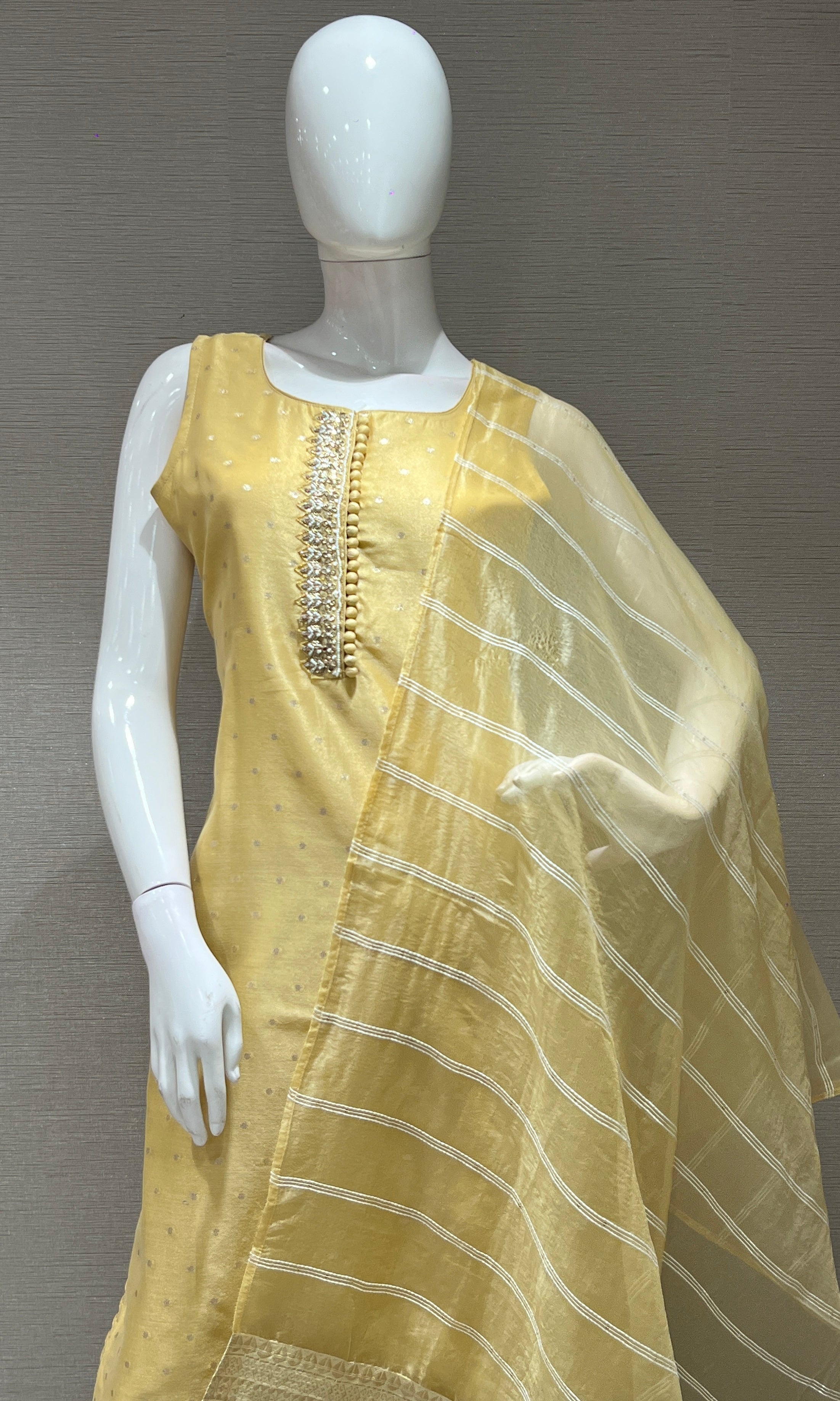 Golden kurta set with striped dupatta