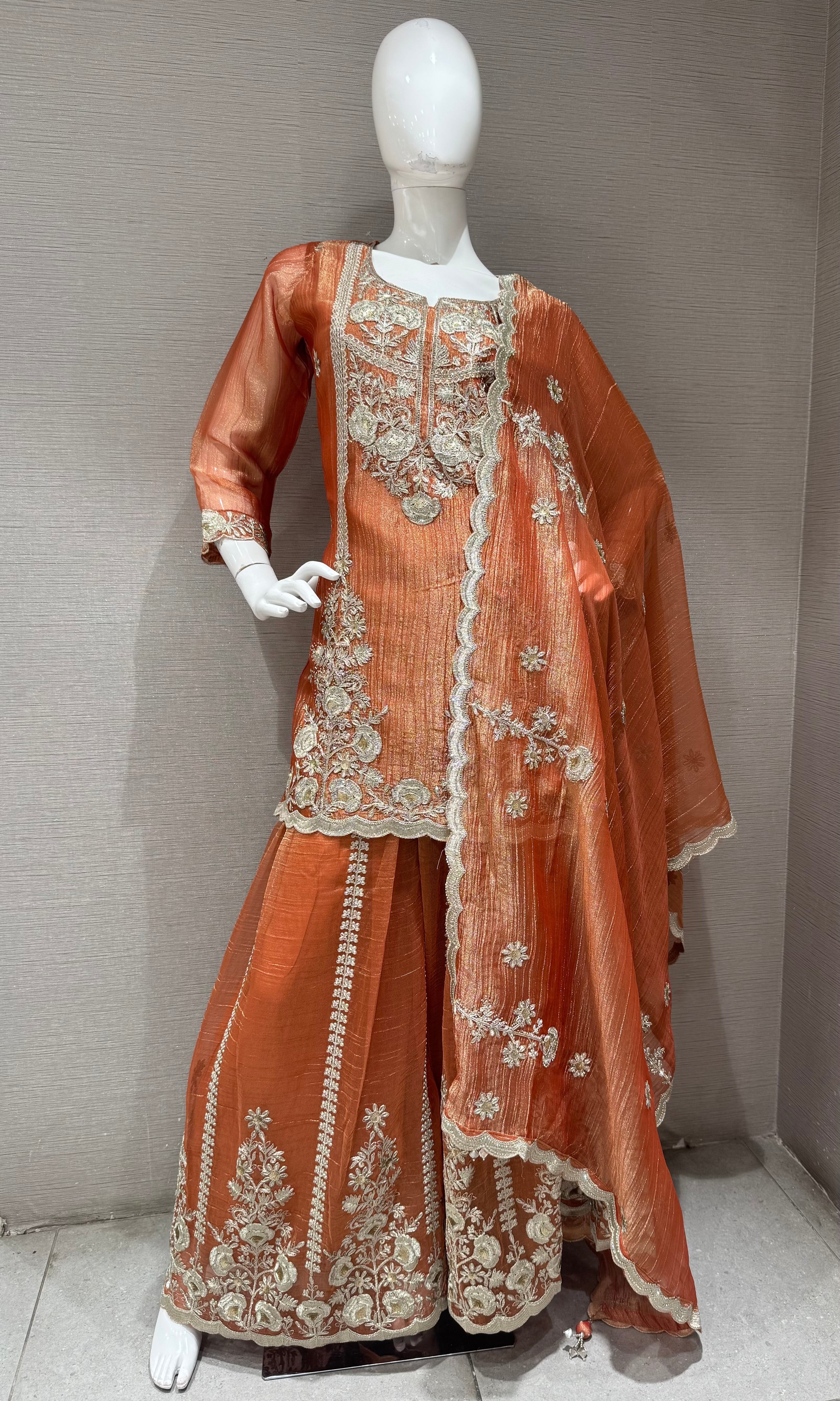 Rust Embroidered Sharara Set with Sheer Dupatta