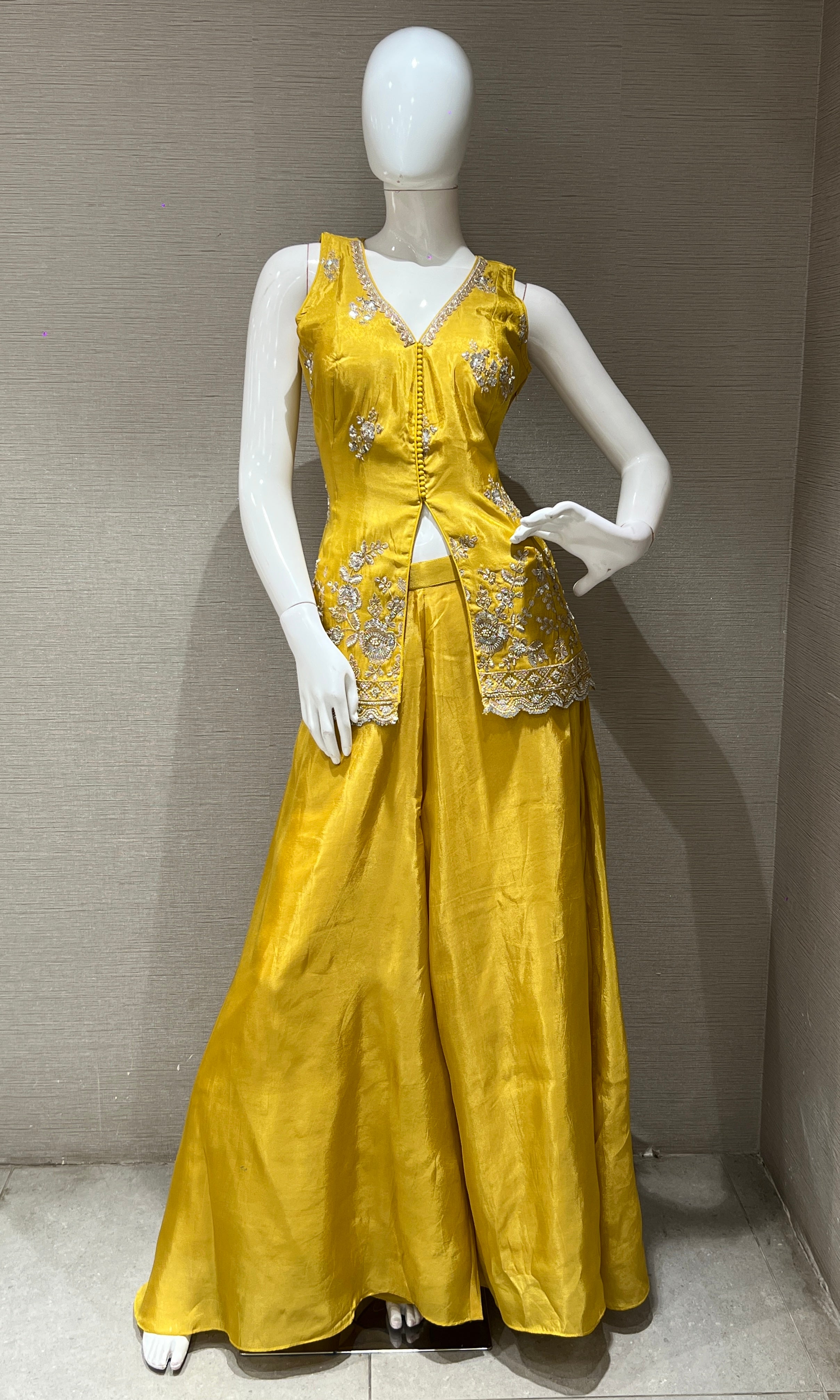 golden Yellow shimmer tissue palazzo with intricate embroidery
