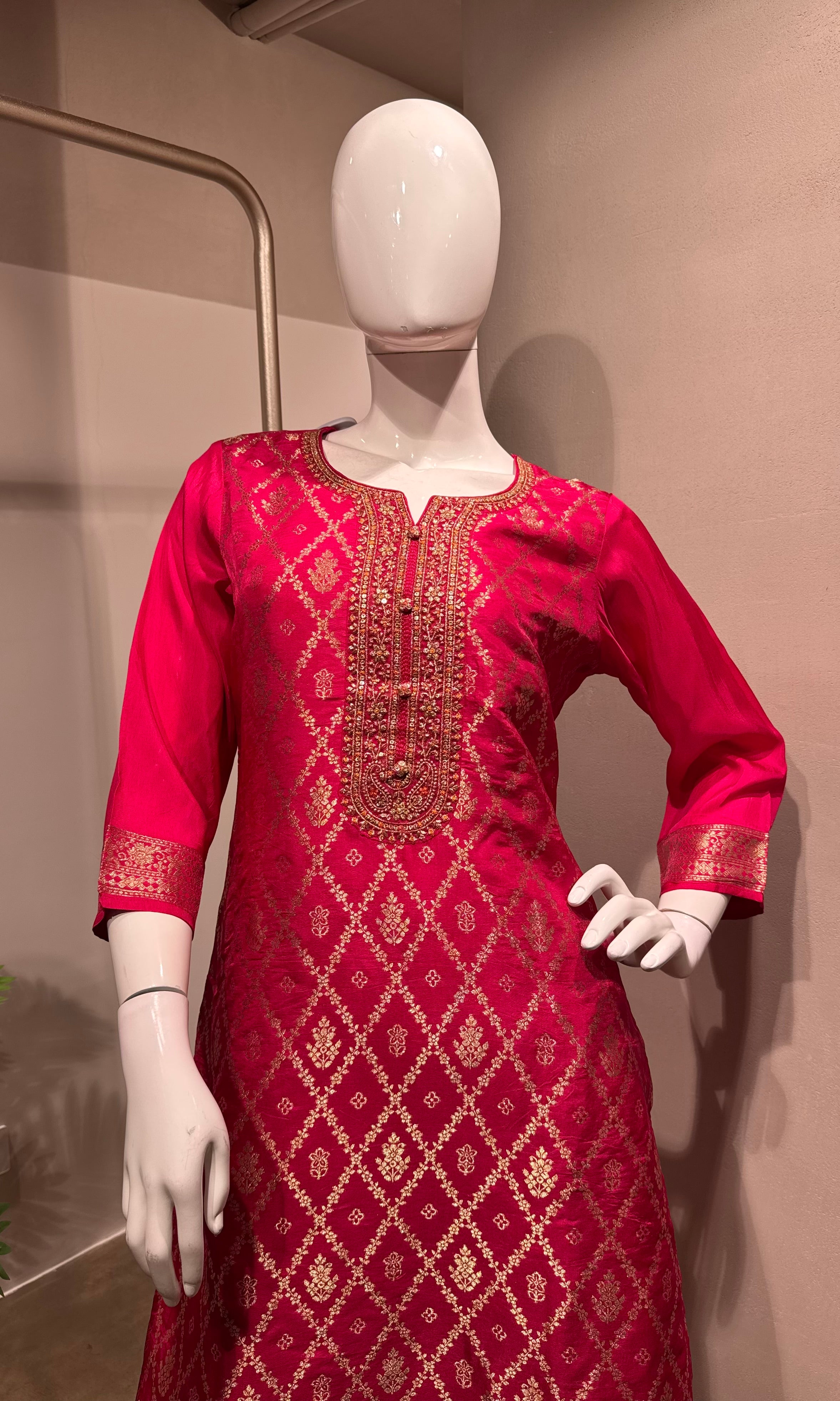 Pink Woven Design Silk KURTA Suit with Dupatta