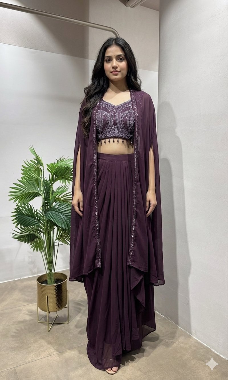 Wine Embellished Drape skirt with Cape