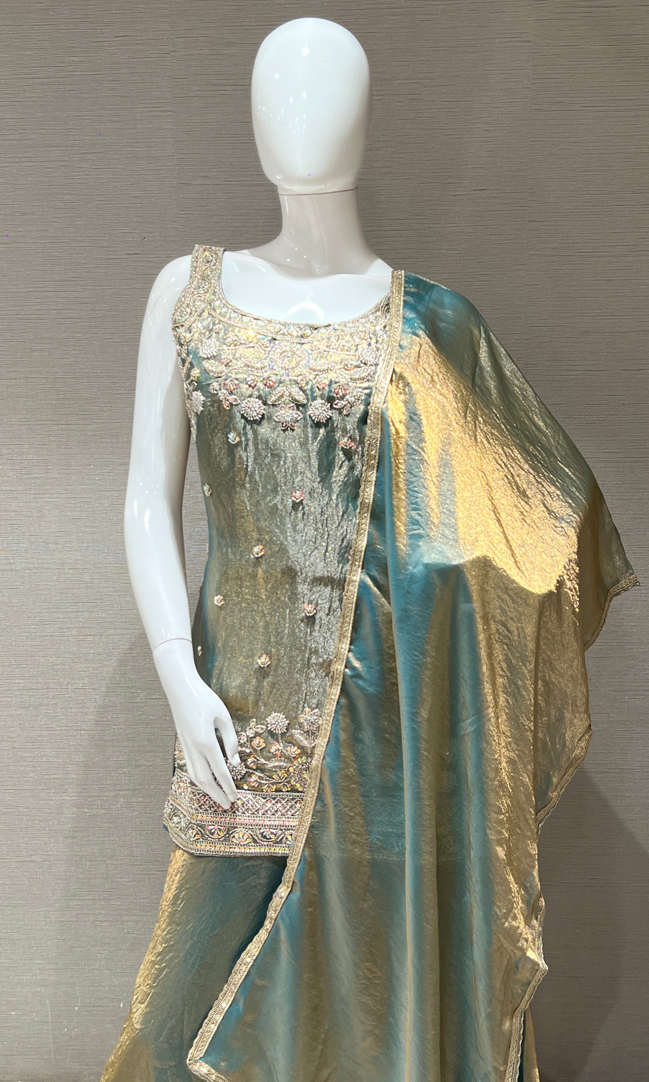 Green Gold Embroidered Sharara Palazzo