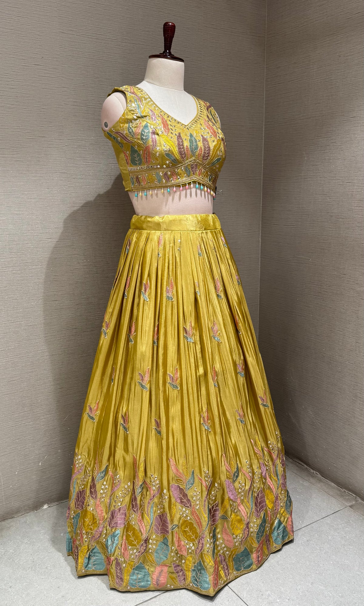 Mustard yellow Tissue silk Floral Print Lehenga Set