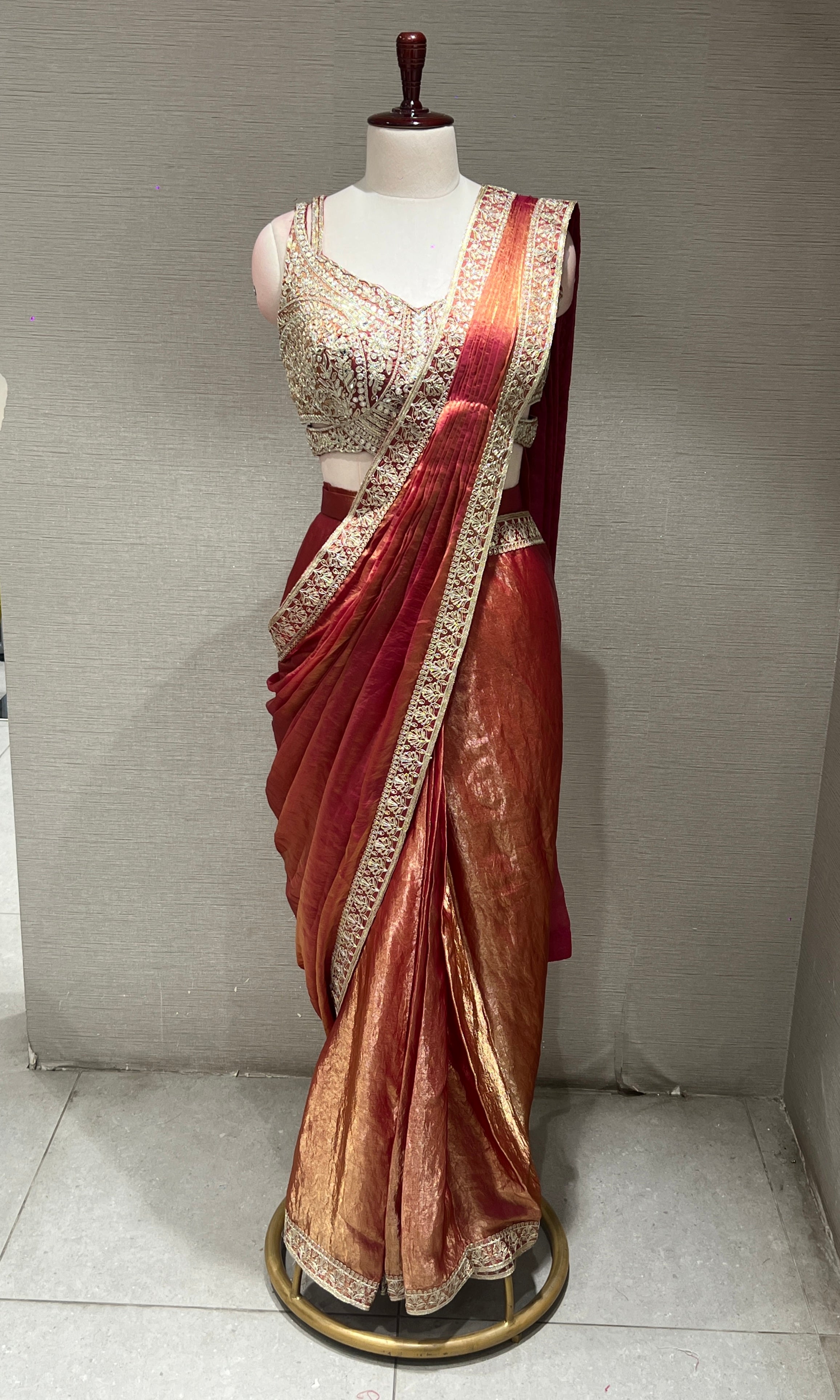 Rust Gold Drape SAREE WITH CORSET BLOUSE