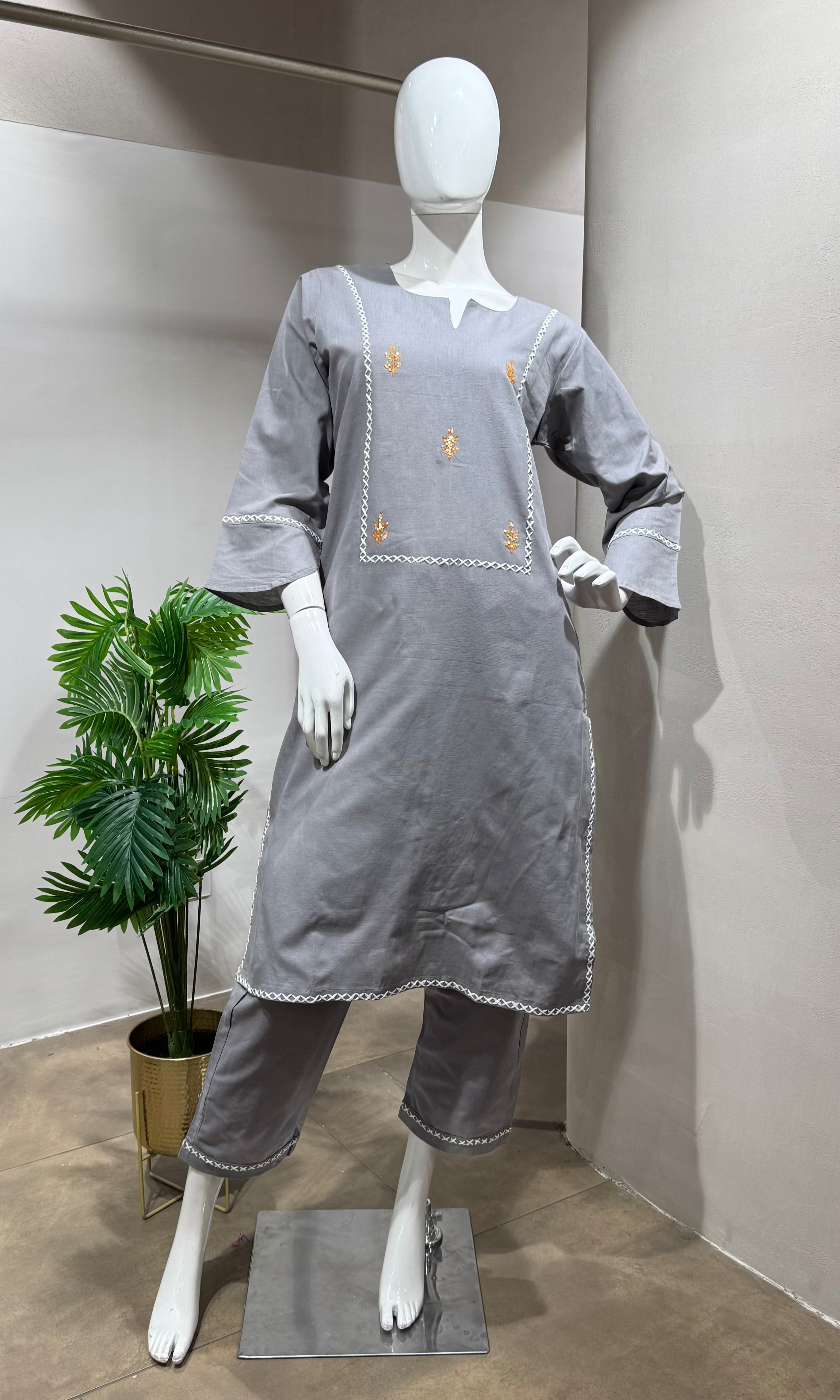 Grey Embroidered Kurta with BOTTOM
