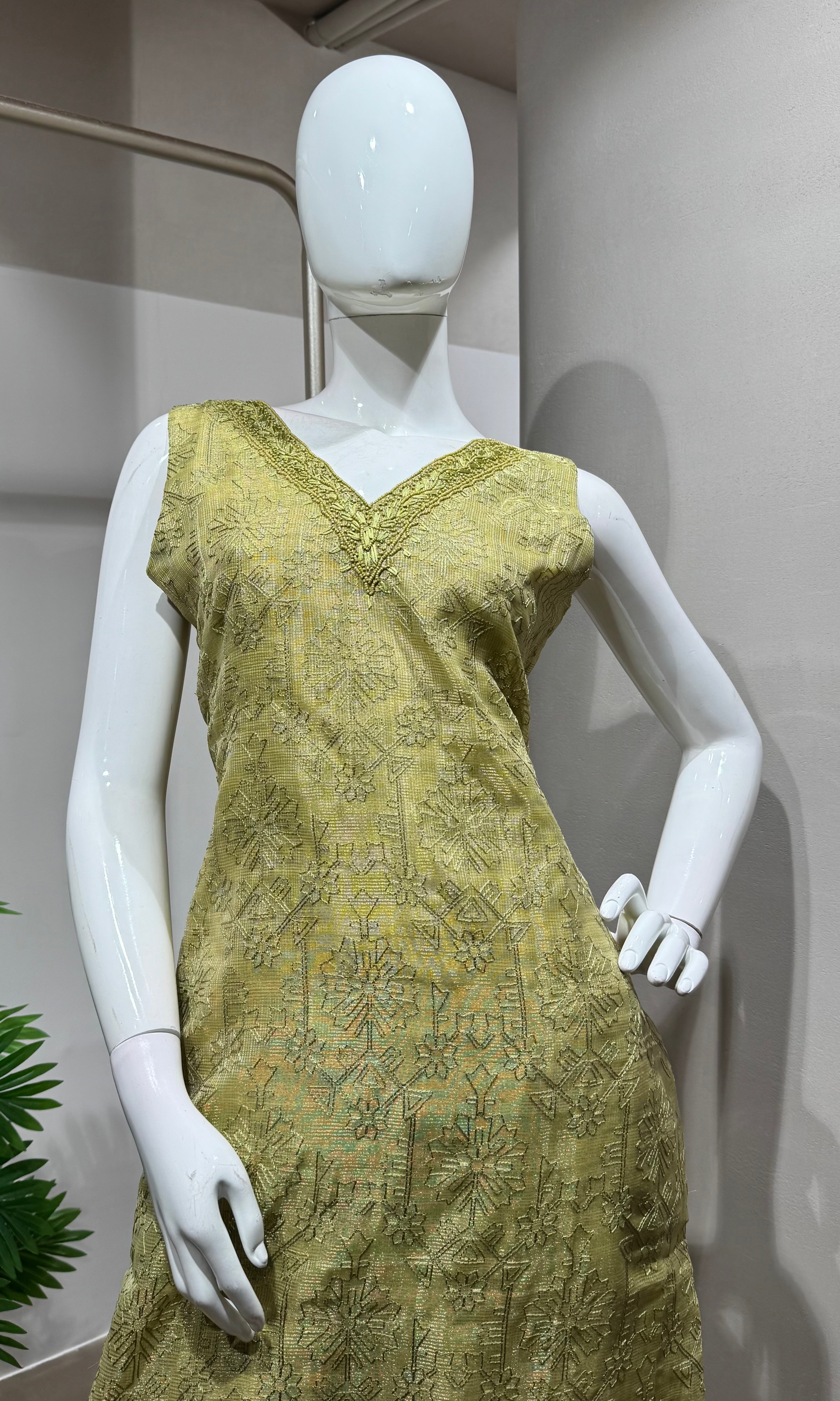 mehandi green embroidered tissue kurta set