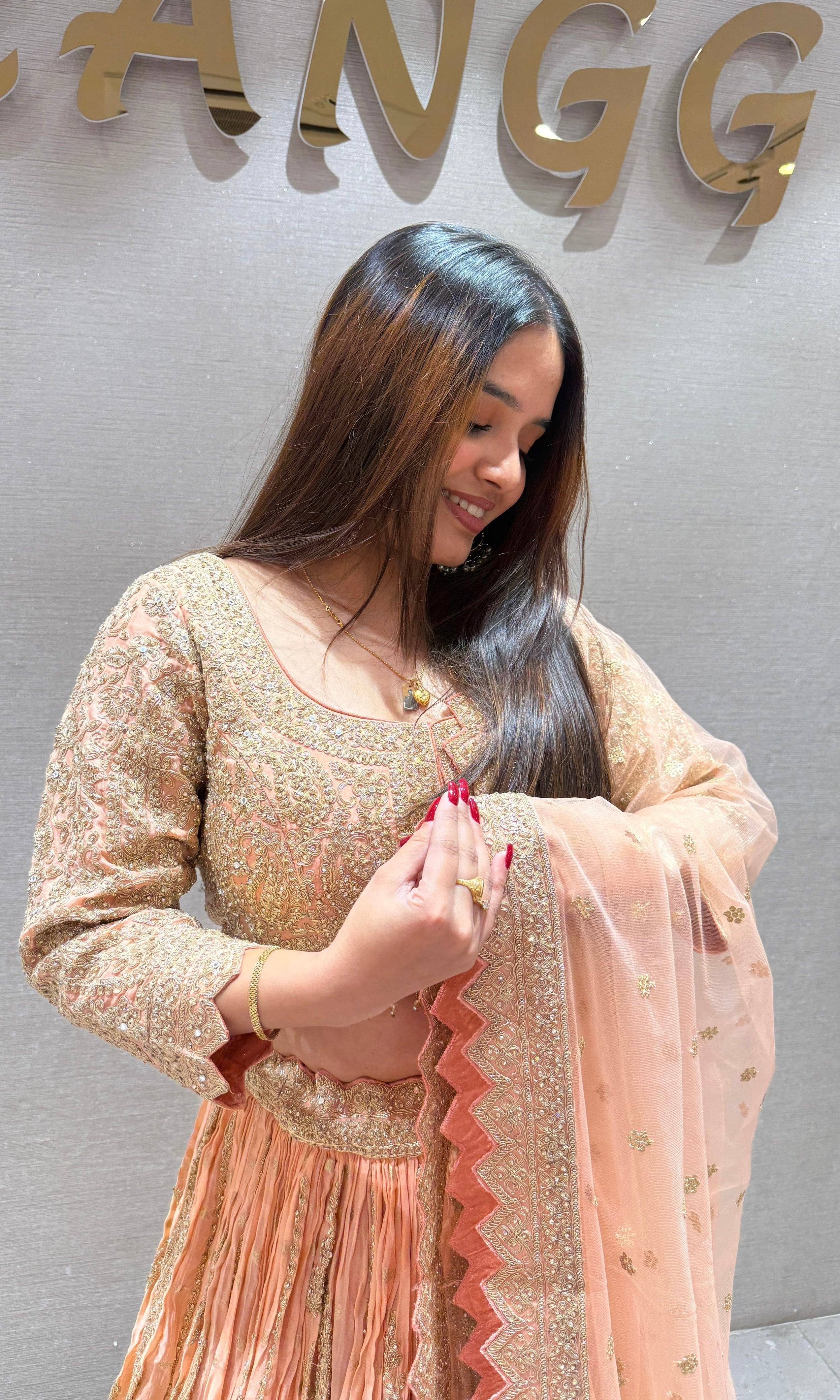 Golden Peach crushed silk Lehenga