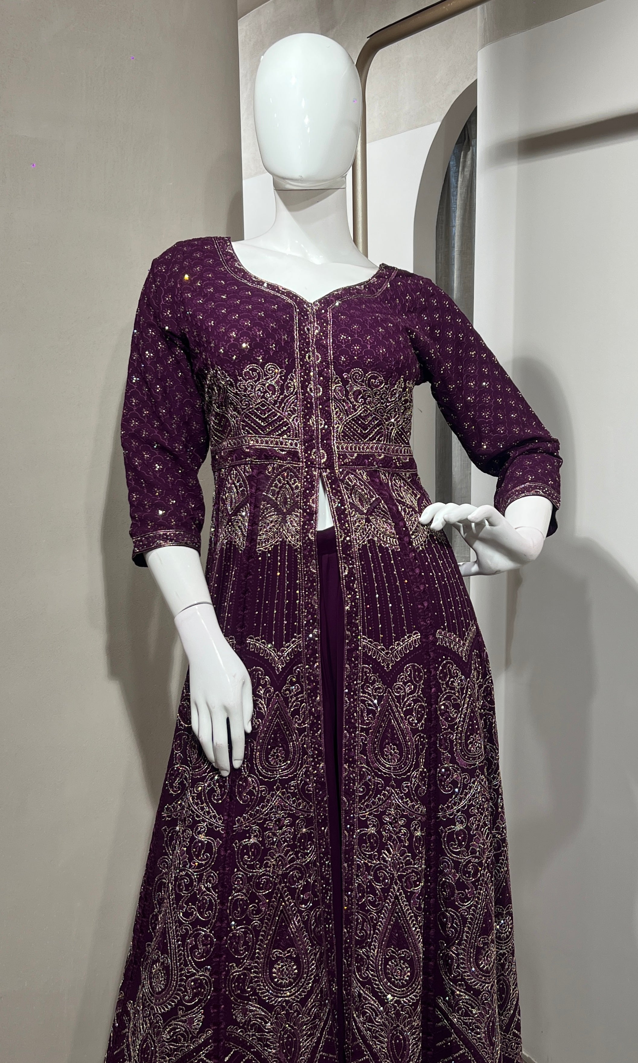 Wine FRONT SLIT ANARKALI WITH PALAZZO PANTS