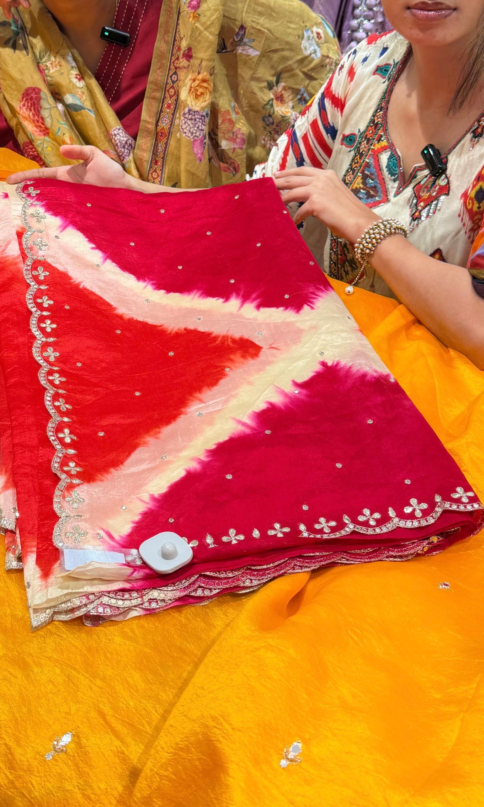 Shibori Tussar silk orange and pink saree