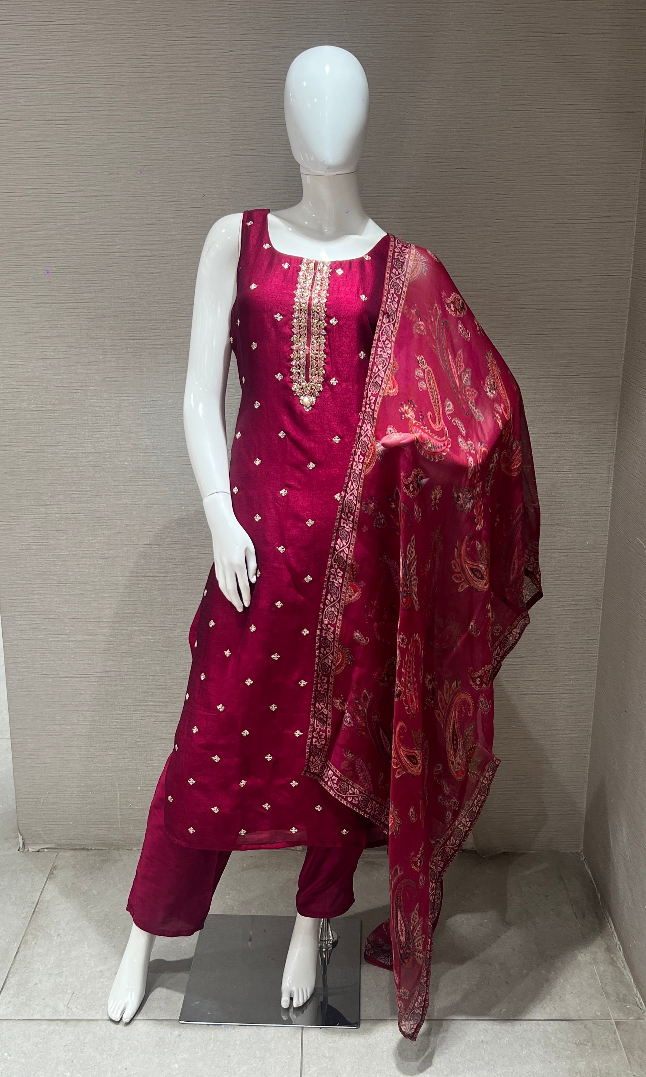 Wine embroidered kurta set