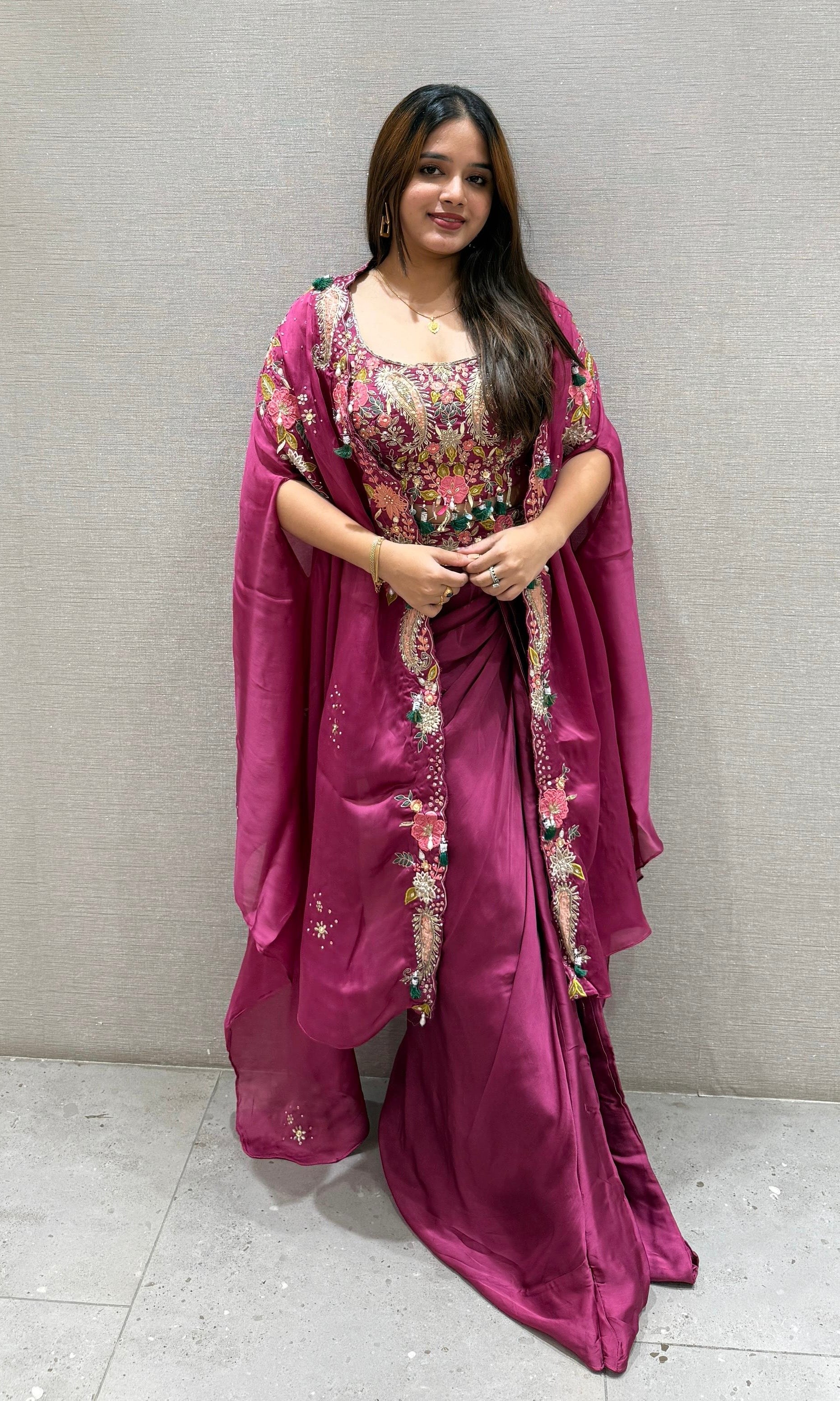 Wine dhoti crop top with cape
