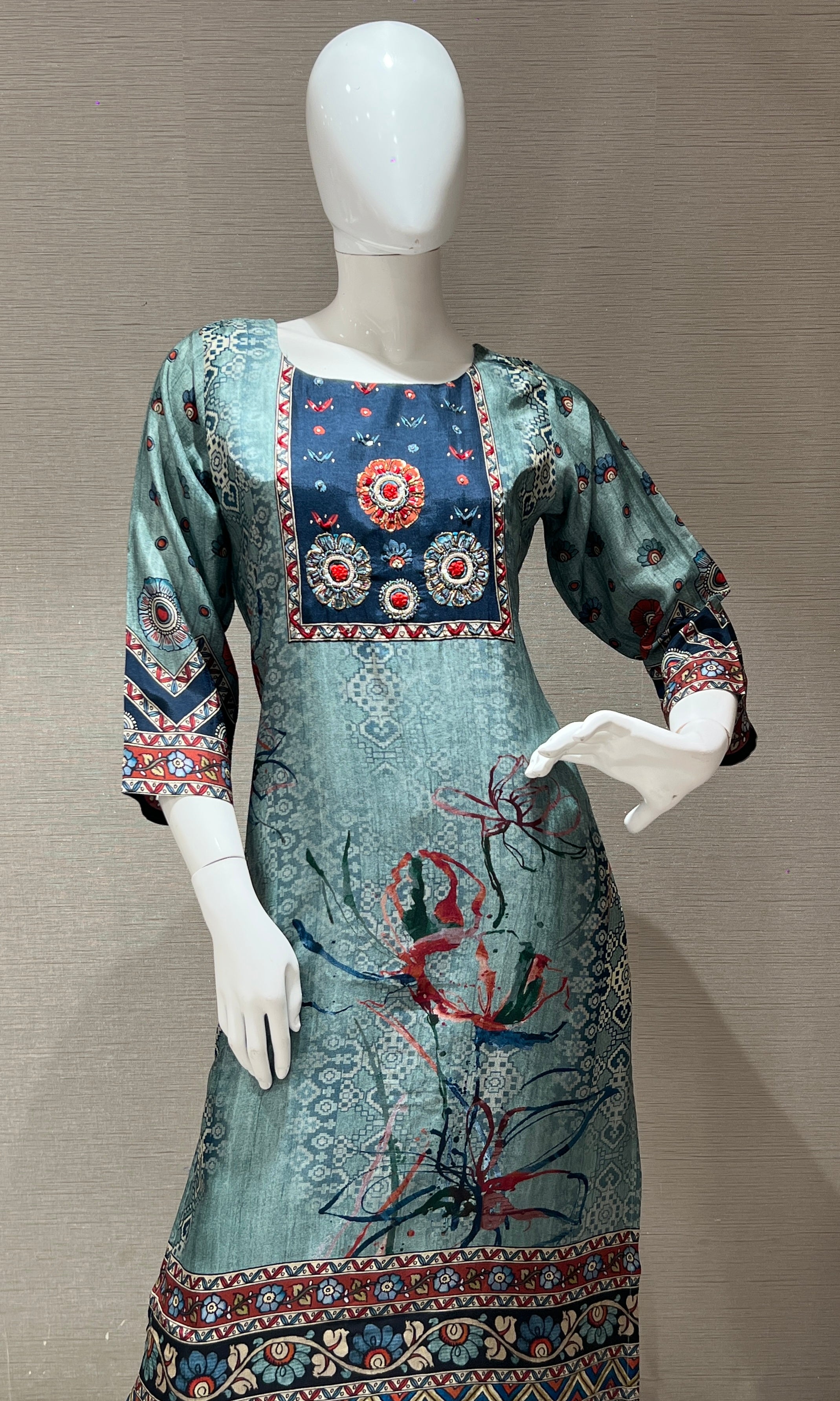 blue and sea green tussar silk kurta set