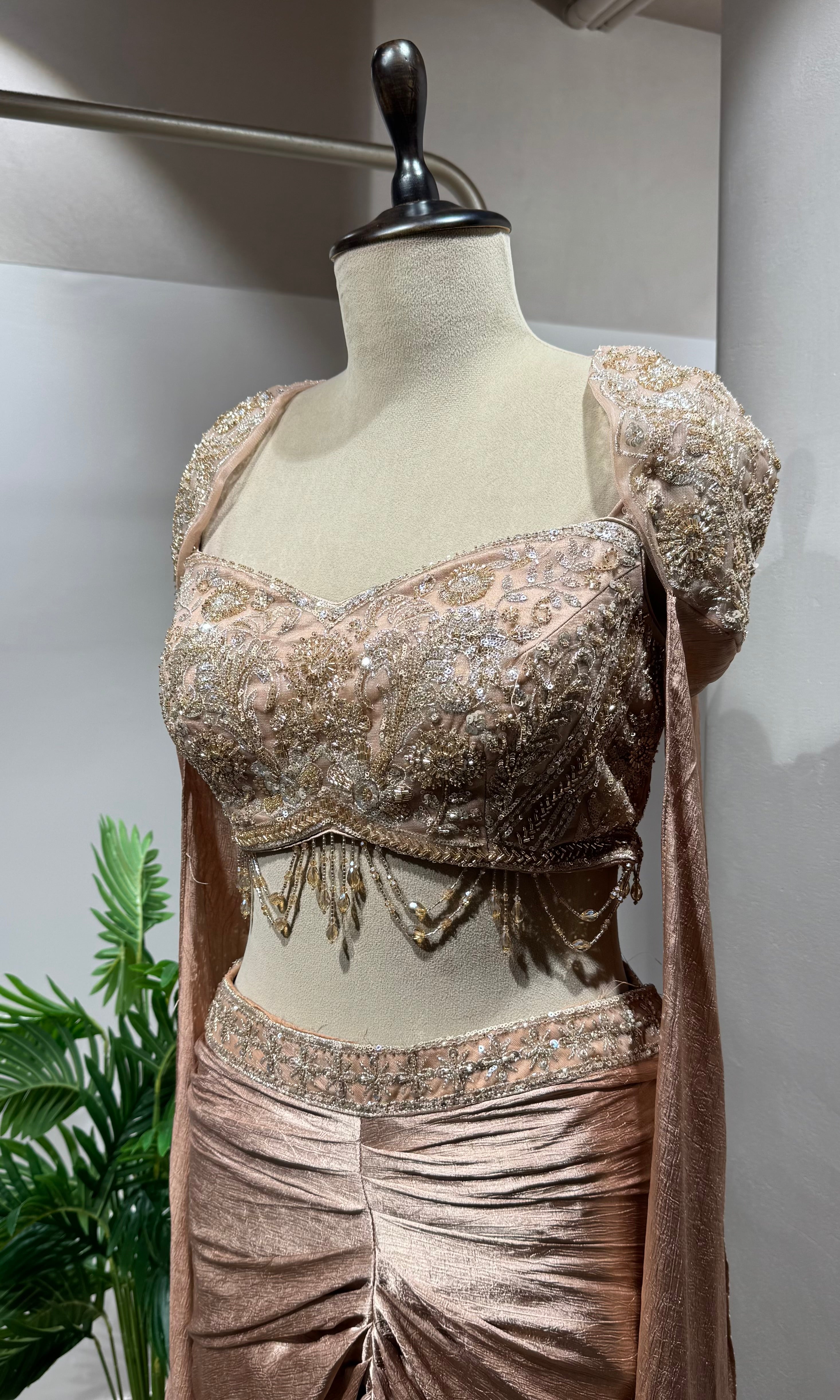 peach Gold skirt with Crystal Embroidered Blouse & Cape