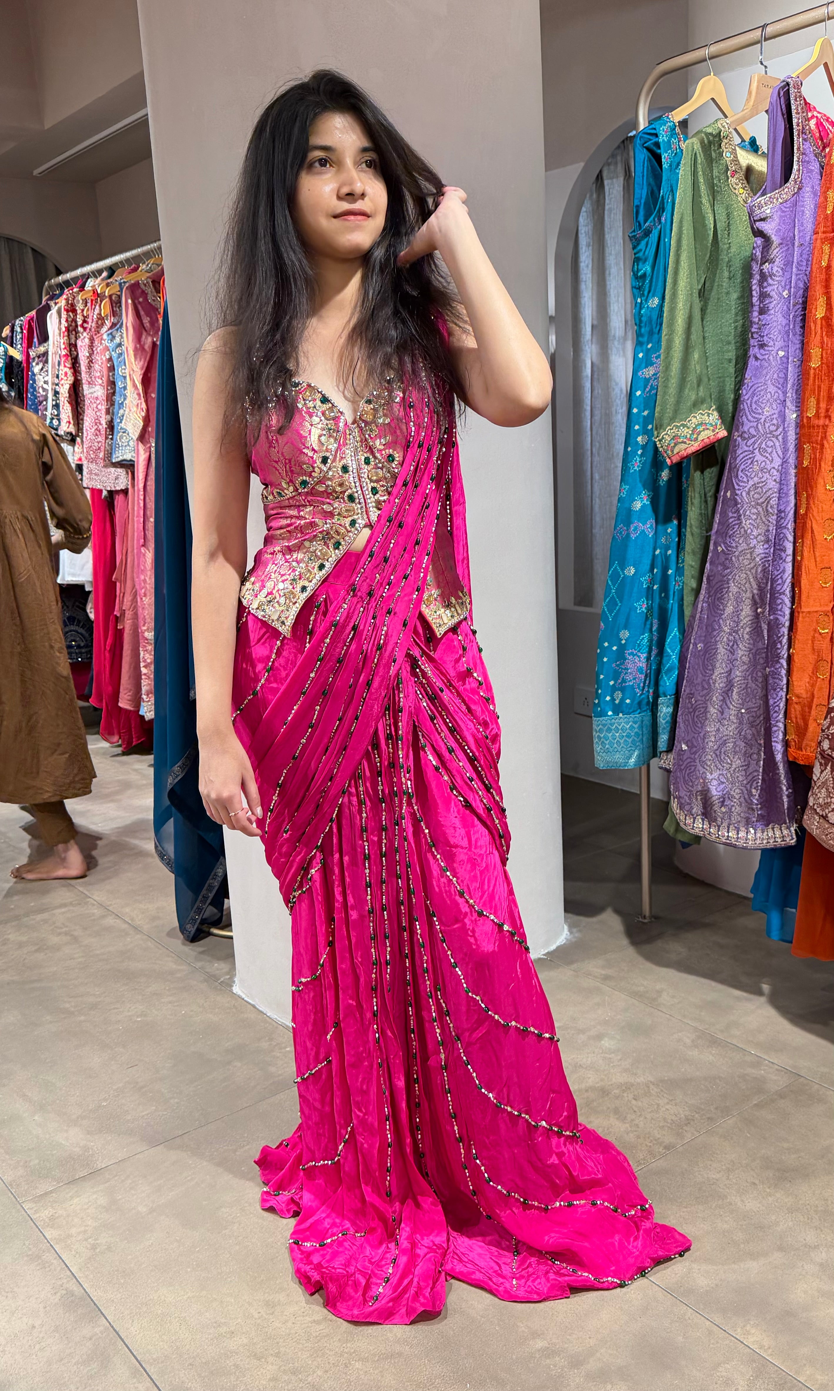 Pink DRAPE SAREE WITH ELEGANT CORSET BLOUSE