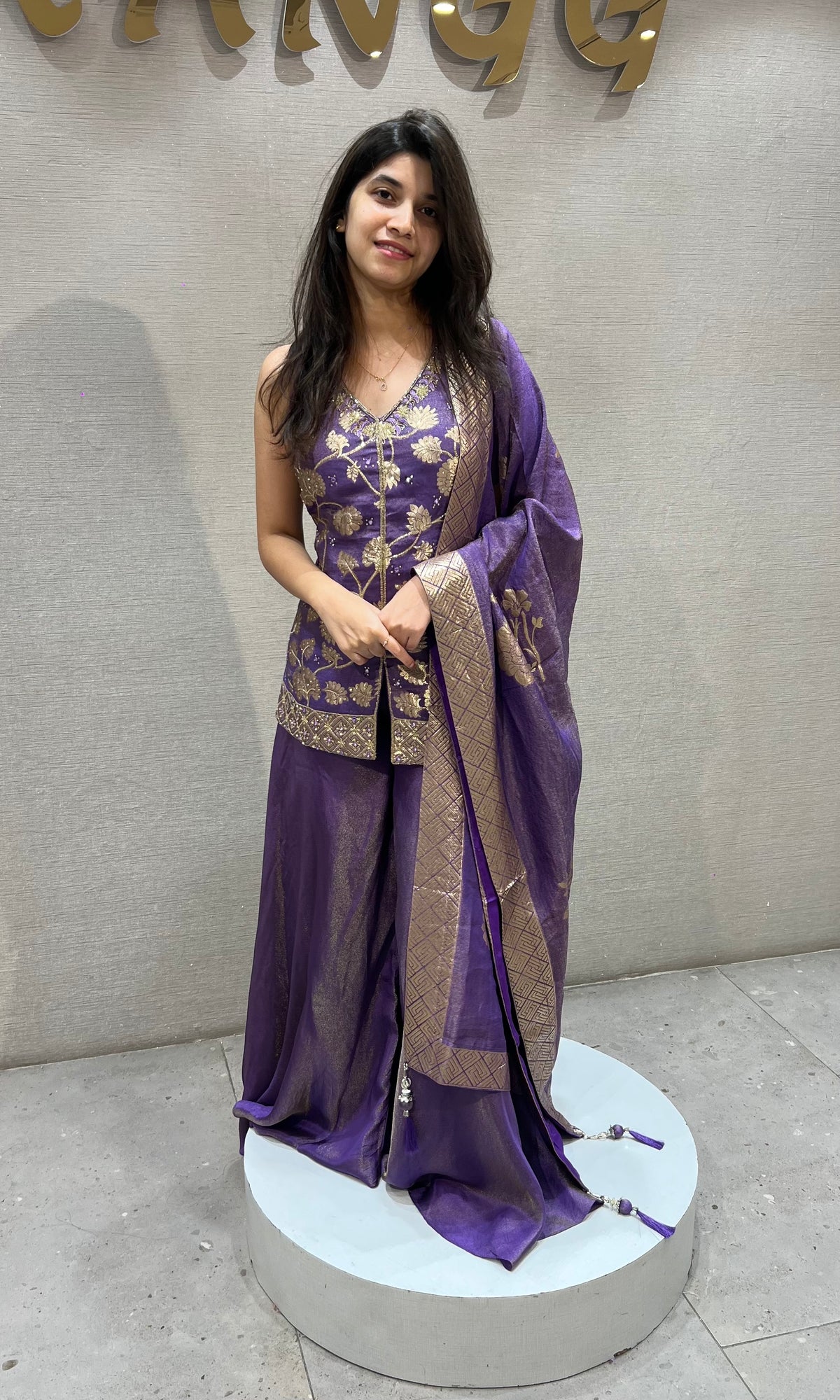 Purple tissue silk Embroidered Peplum Palazzo set
