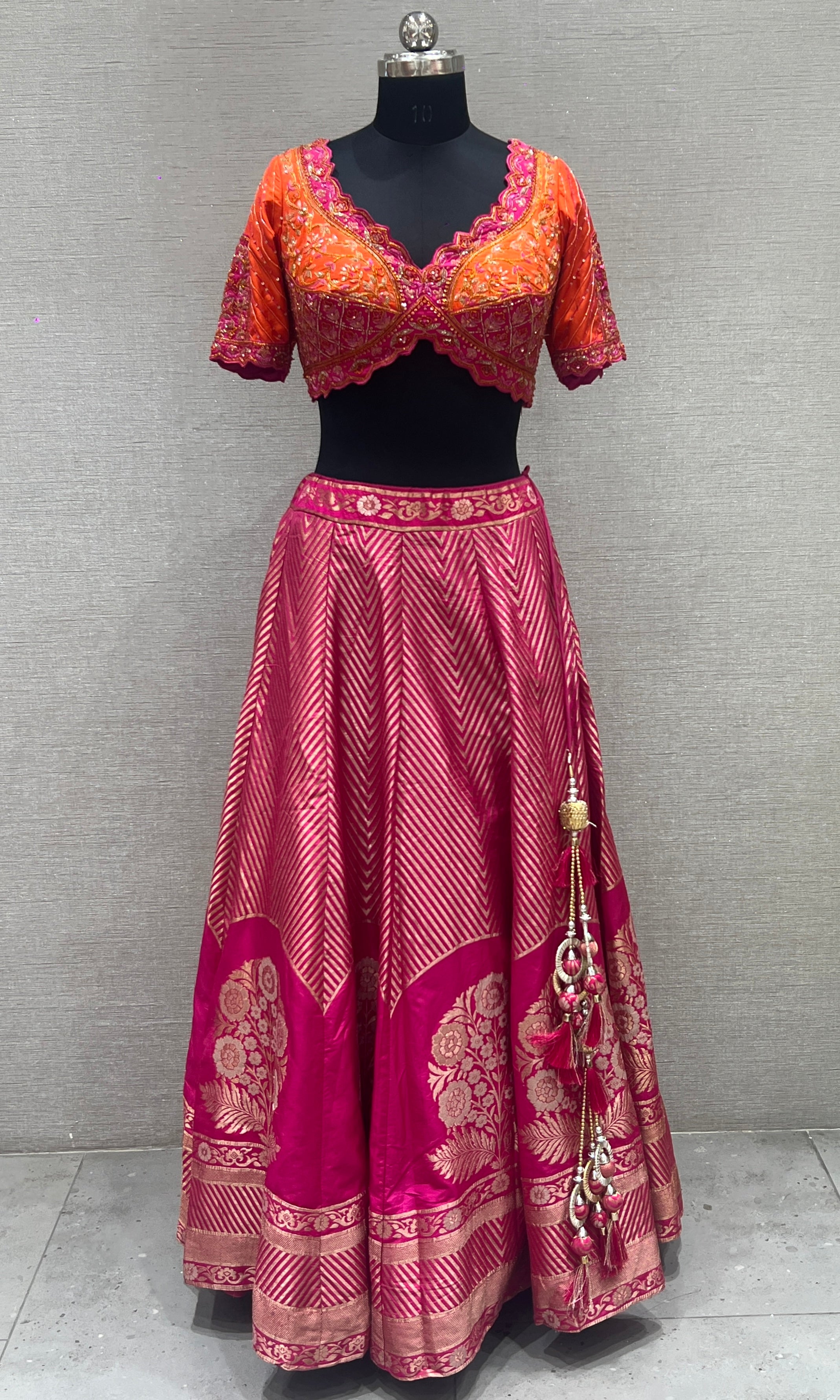 Pink and orange Banarasi Lehenga