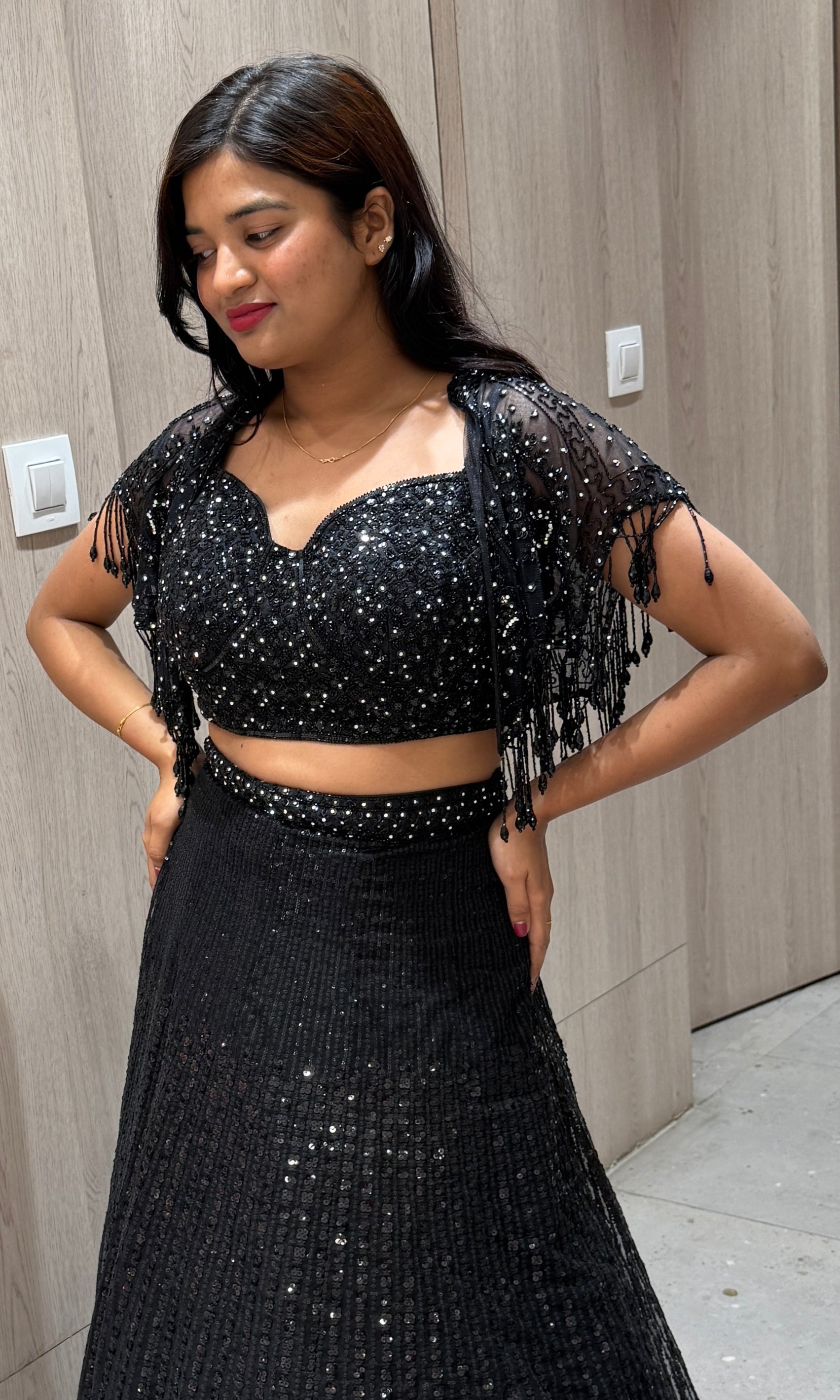 Black lehenga with designer cape 1000