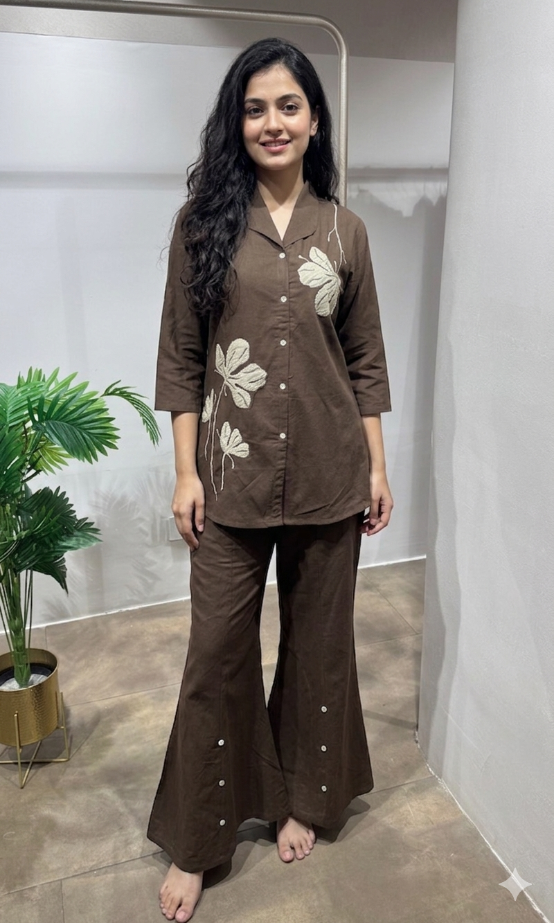brown linen floral embroidered cord set