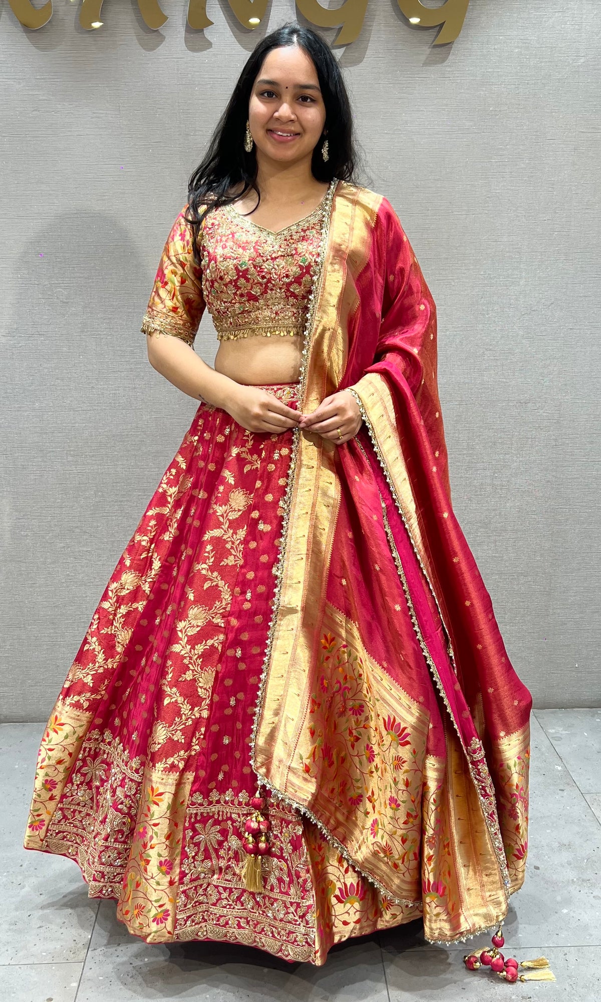 Rani and Gold Embroidered Banarasi Silk Lehenga Set