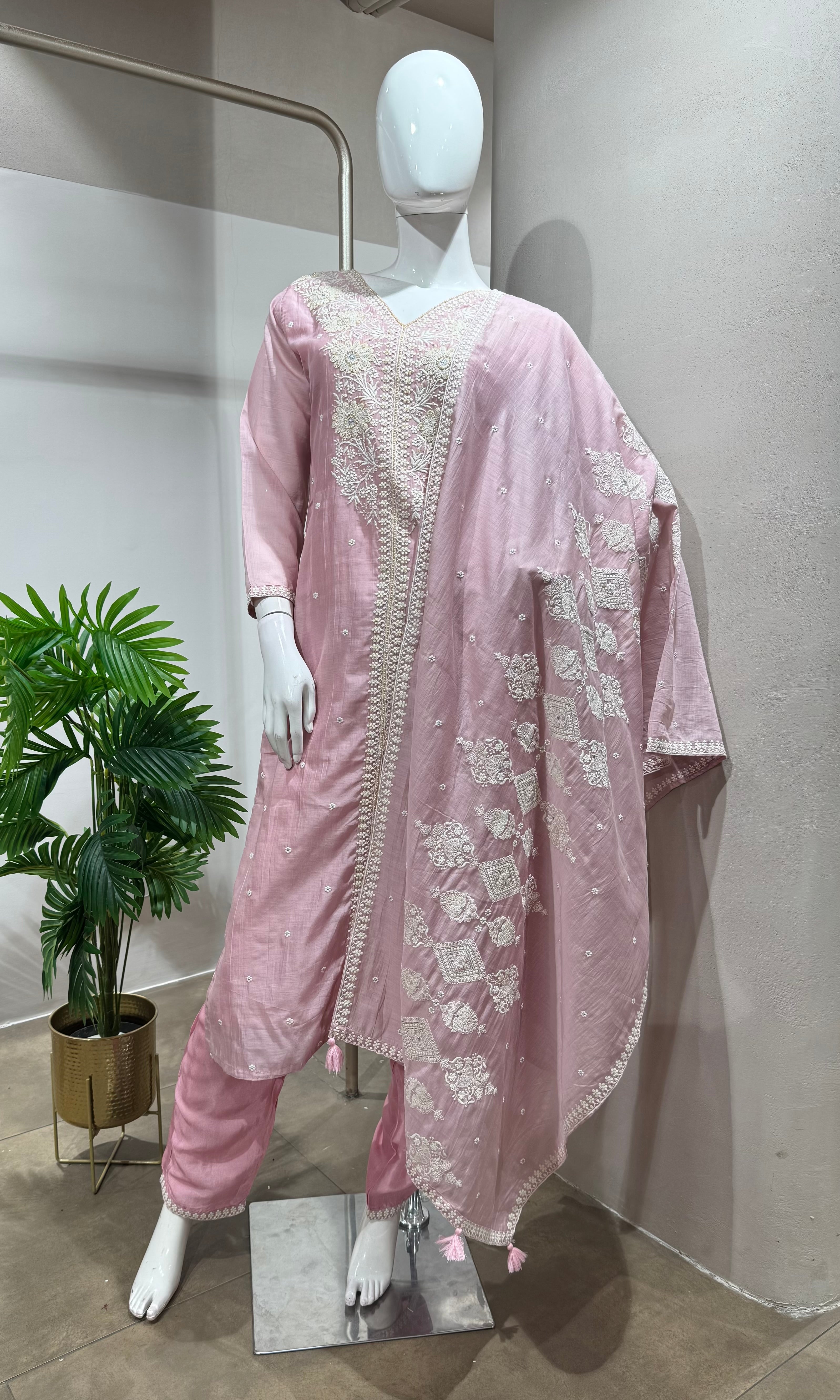BABY Pink Chanderi Kurta with Floral Cut
