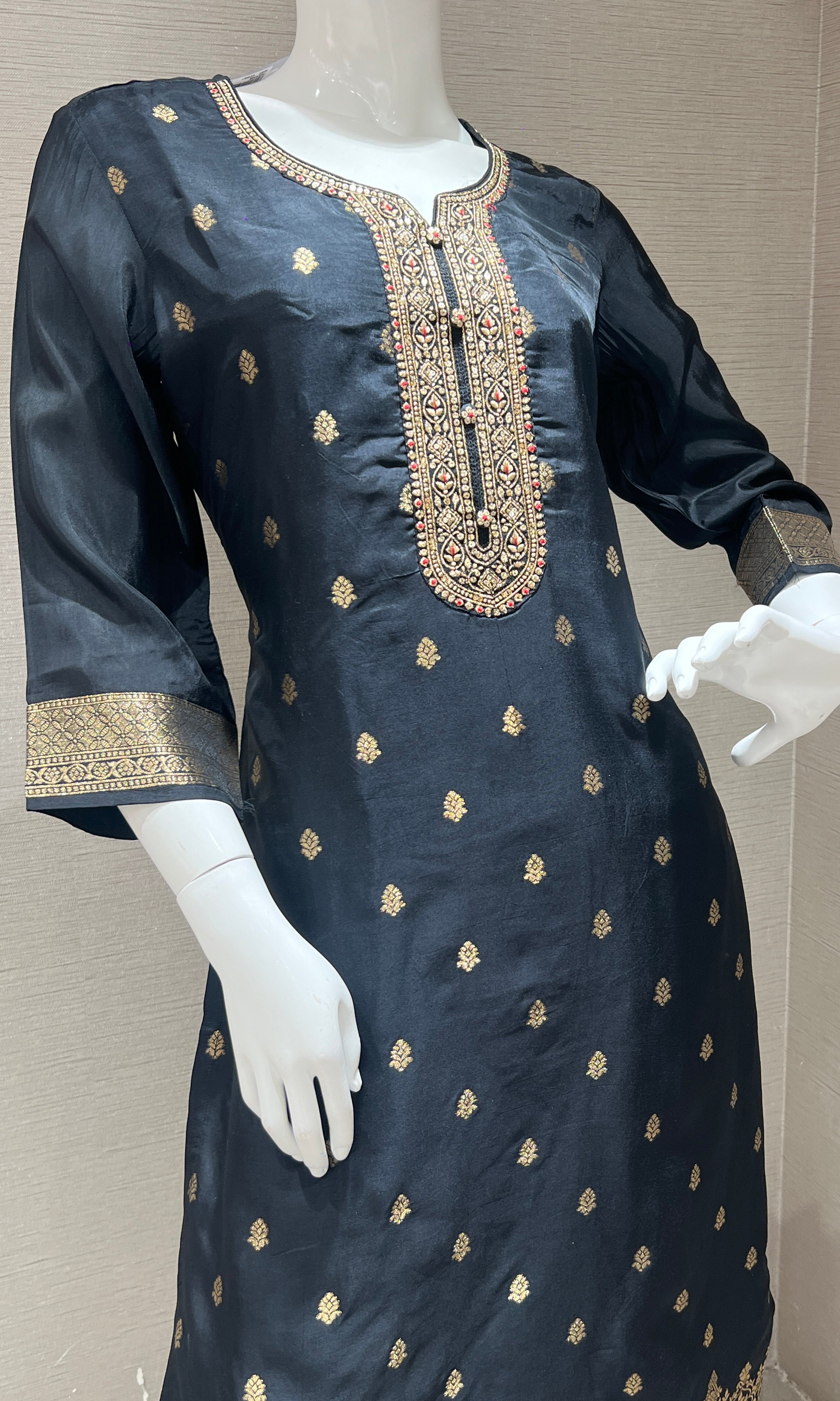 Black Embroidered Kurta Set with Floral Dupatta